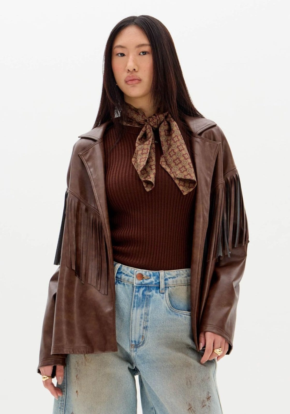 Vista 2 Casaco Oversized Manga Longa com Franjas My Favorite Things marrom