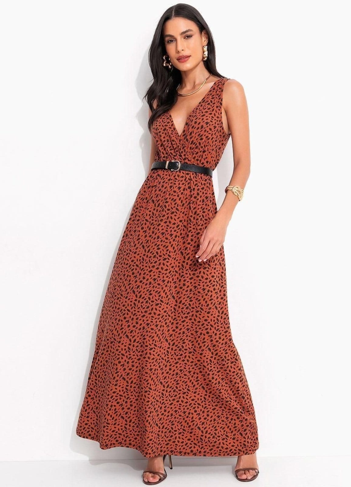 Vista principal Vestido Malha De Viscose Pinceladas Colorido Quintess marrom