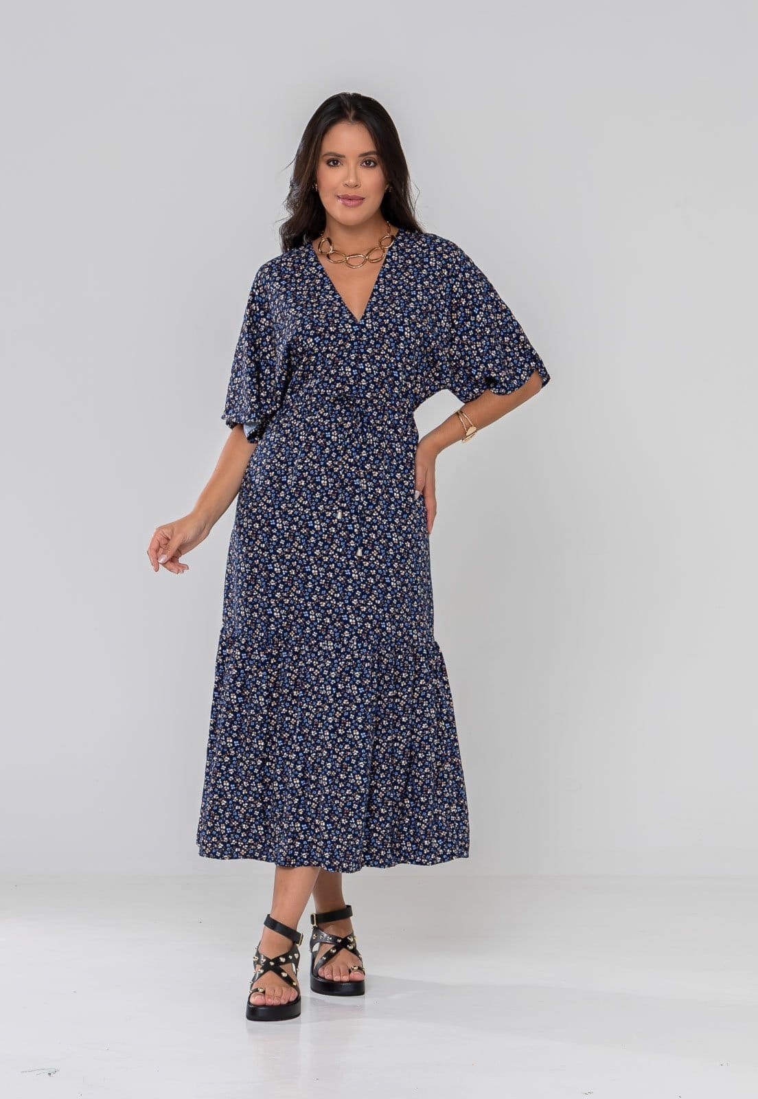 Vista principal Vestido Aura Romana Floral Sintonia Marinho Aura azul marinho