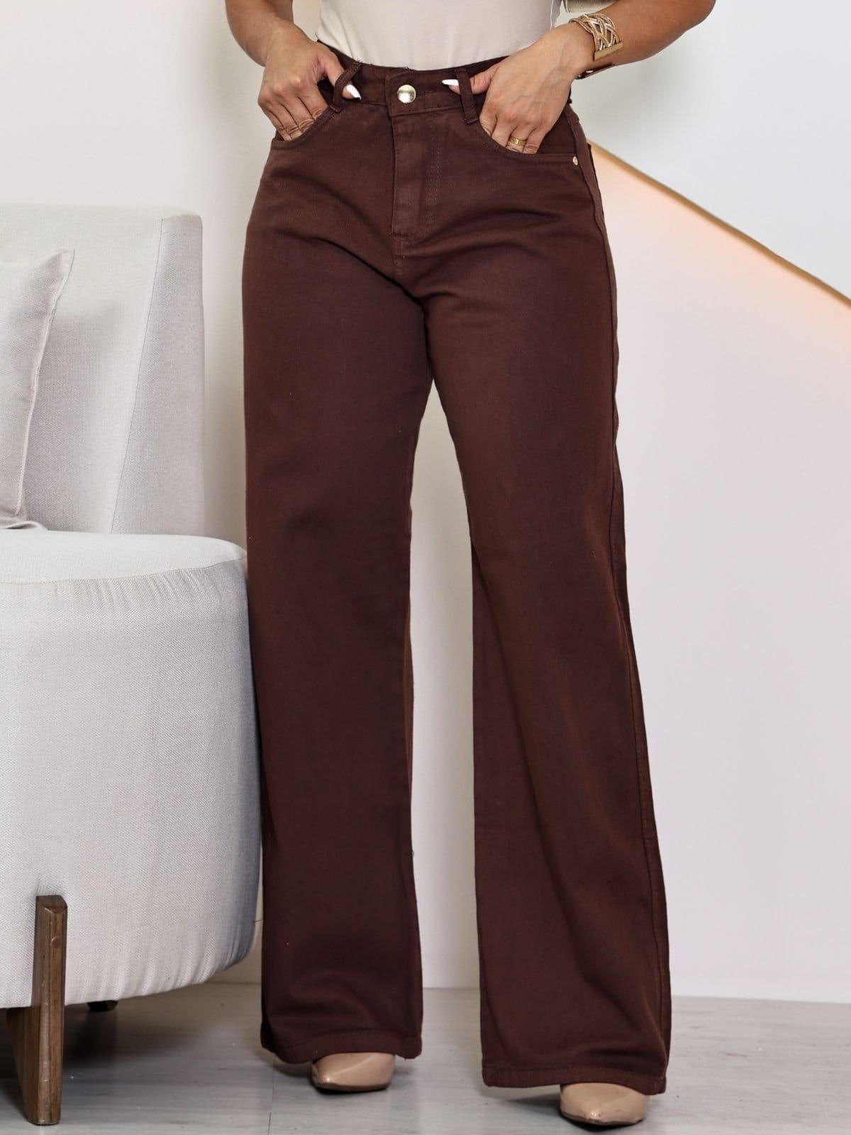 Vista principal Calça Donna De Paula Wide Leg Cintura Alta Casual Feminina Donna de Paula marrom