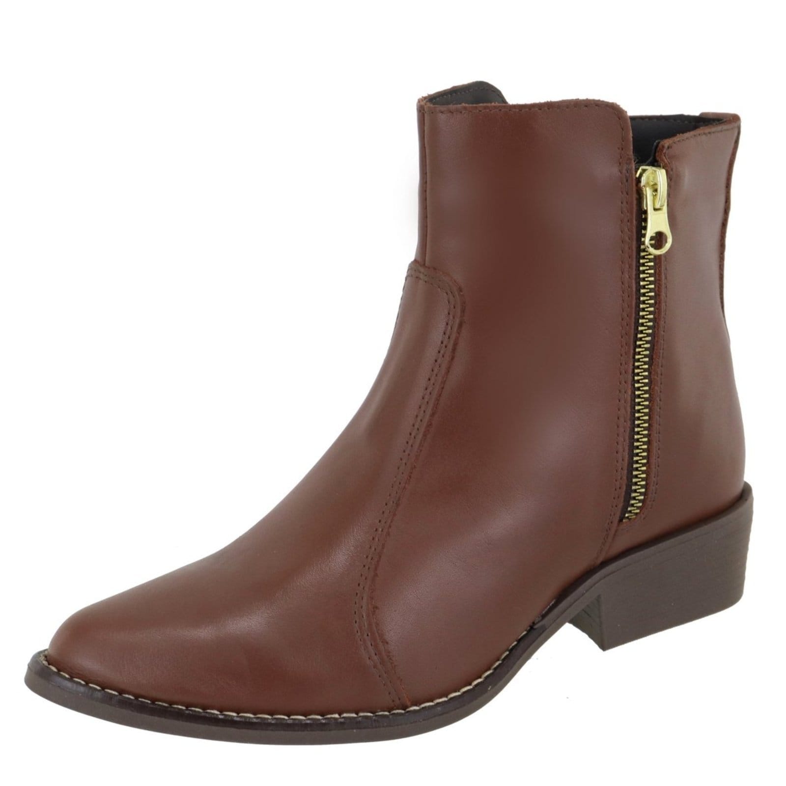 Vista principal Bota em Couro Legitimo Feminina Cano Baixo Bico Fino Conhaque TELLINI STORE caramelo