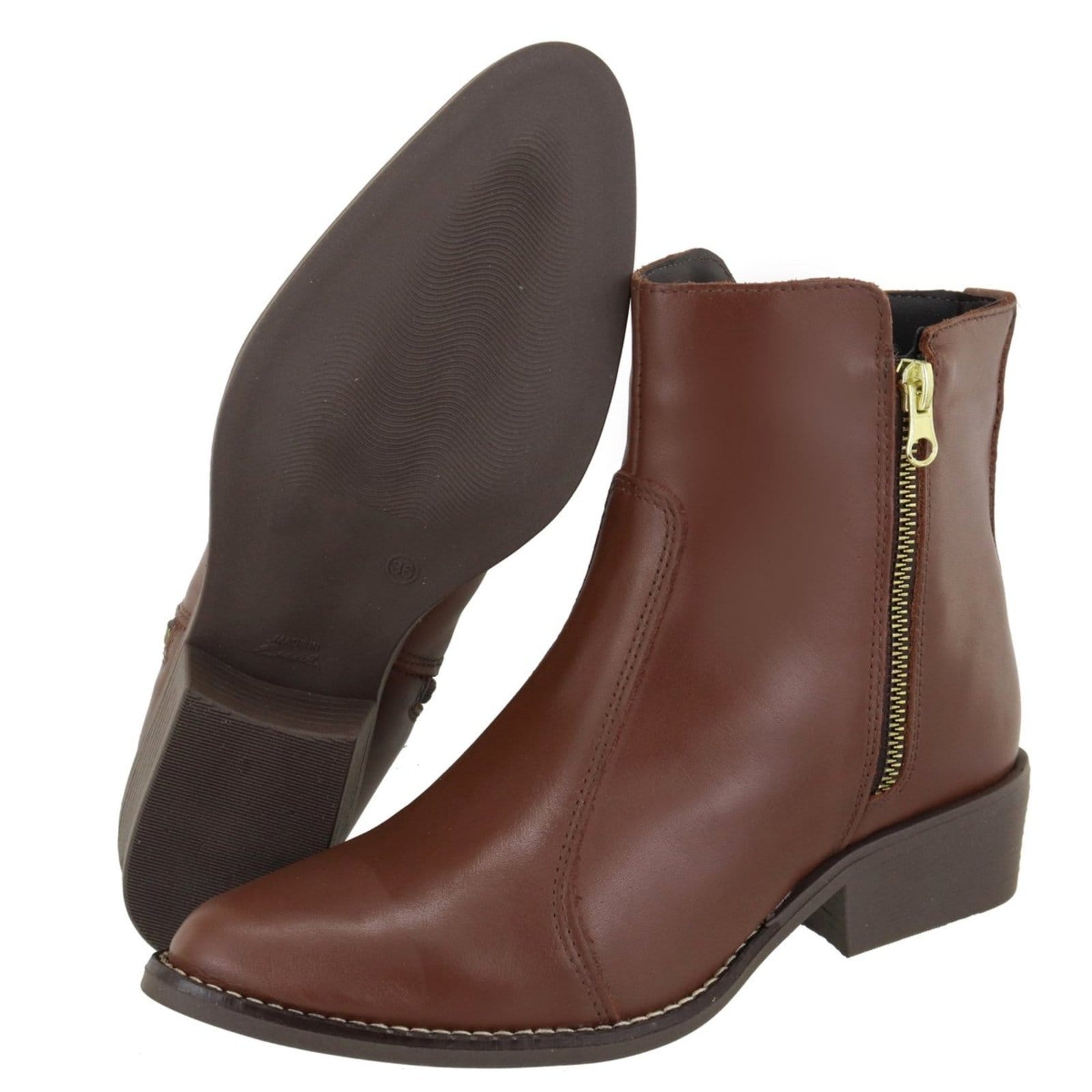 Vista 2 Bota em Couro Legitimo Feminina Cano Baixo Bico Fino Conhaque TELLINI STORE caramelo