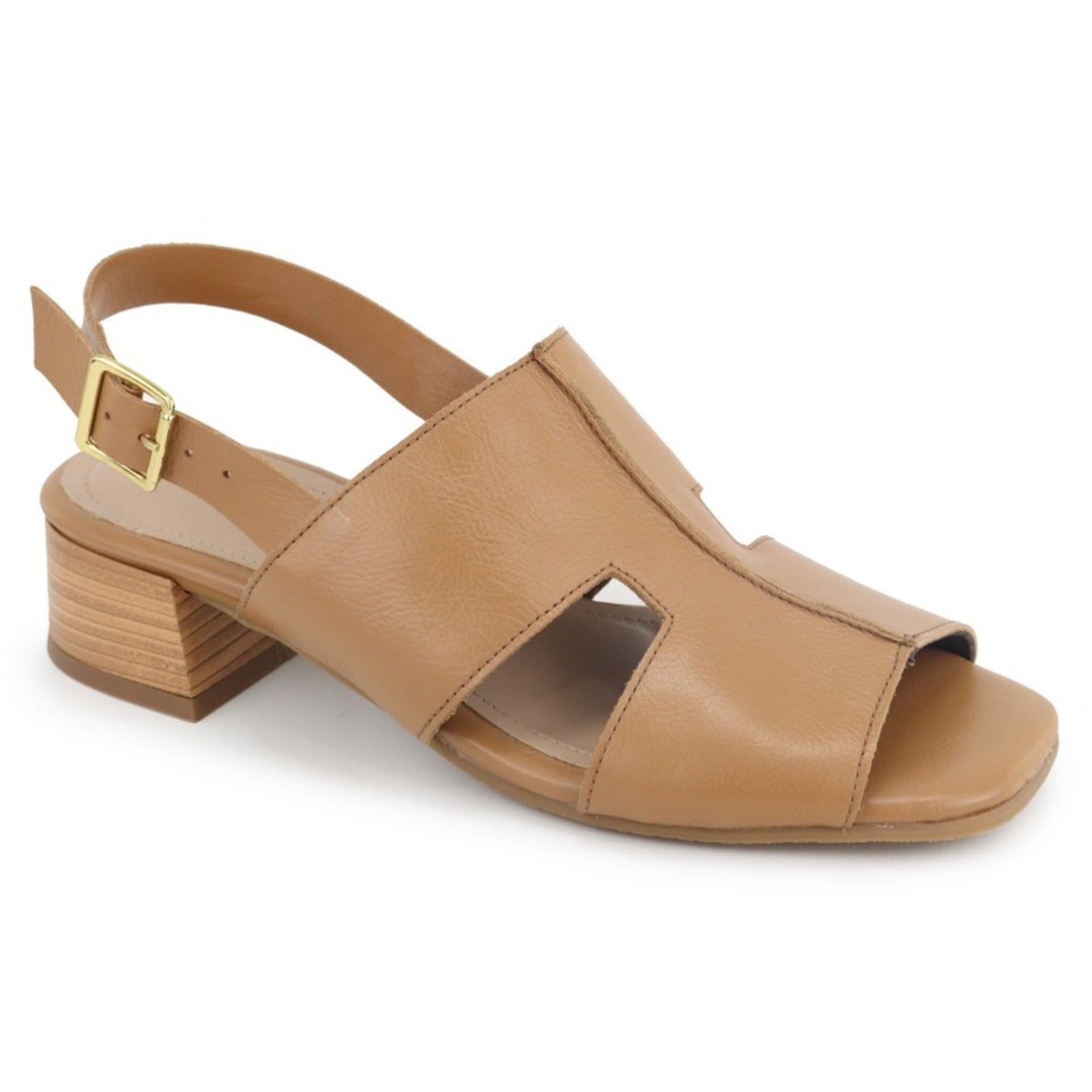 Vista 2 Sandália Feminina Salto Baixo Em Couro Confortável Maria Paula Camel MARIA PAULA caramelo