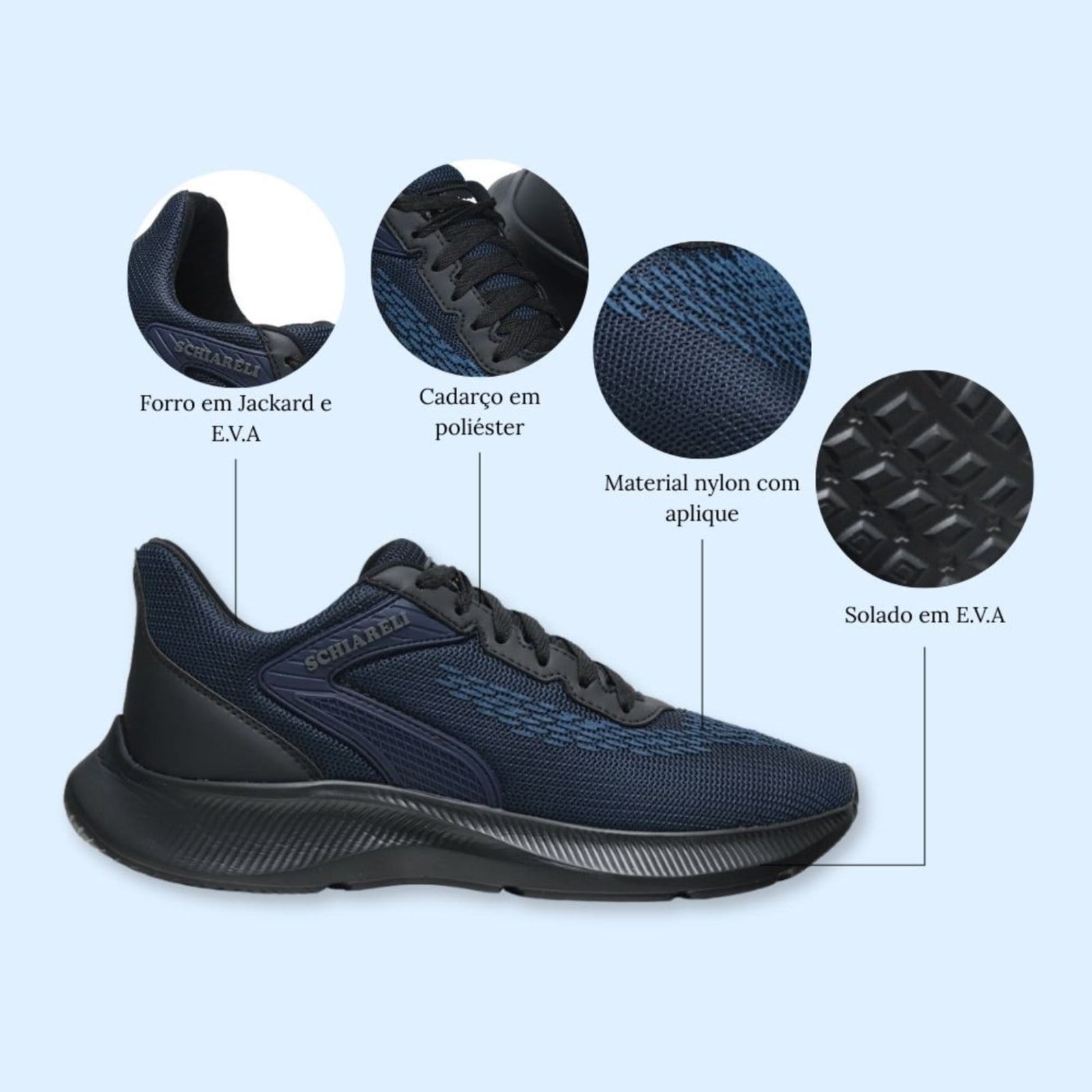 Vista 2 Tênis Masculino Esportivo Ultra Leve e Macio Moderno Casual Dia a Dia Schiareli 595 Marinho e Preto Schiareli azul marinho