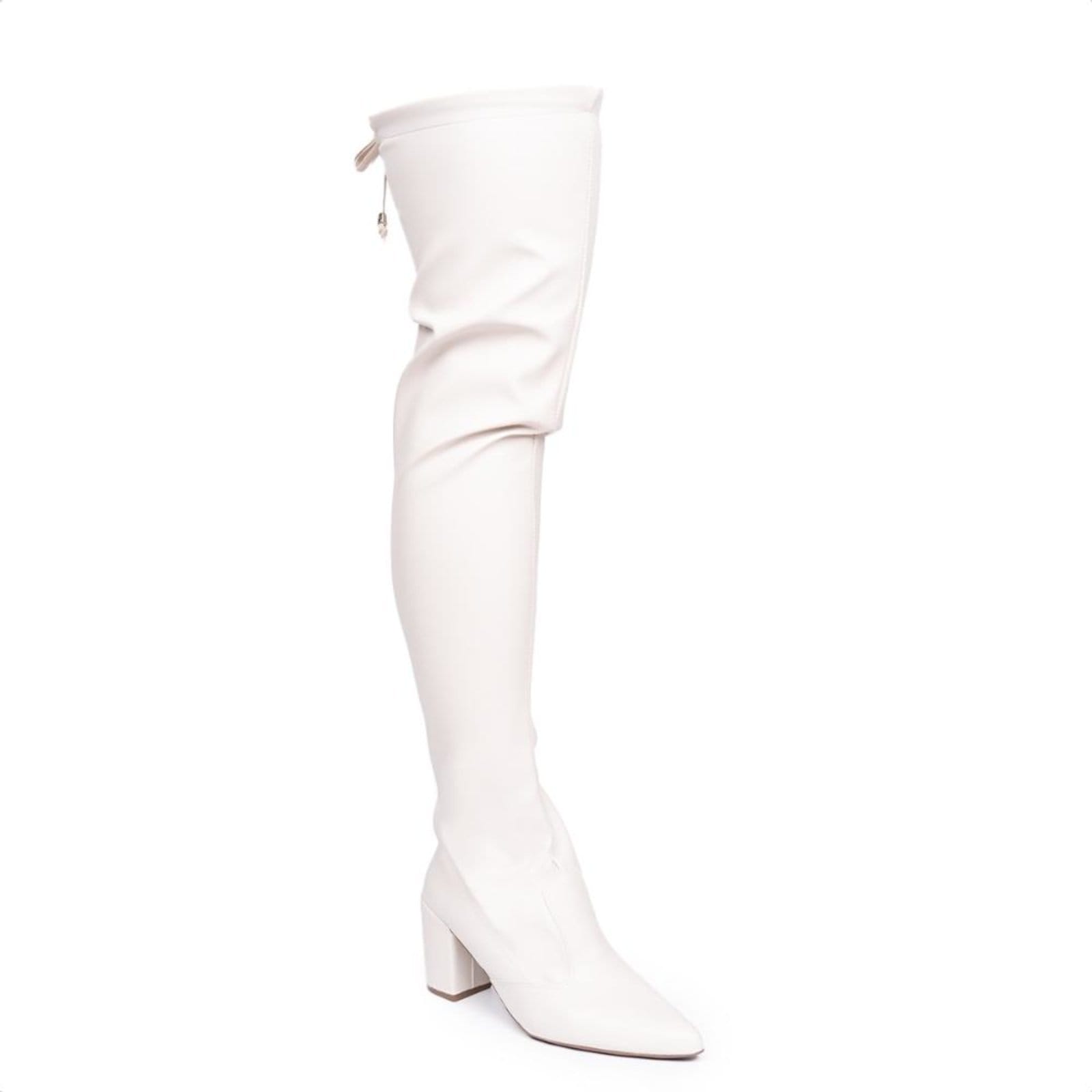 Vista principal Bota Domidona Over The Knee Stretch Bico Fino Salto Grosso Alto Off White Domidona off-white white