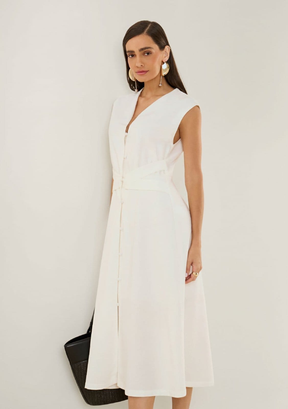 Vestido Maria Valentina Ajustado Decote V Sem Manga Midi Off-white