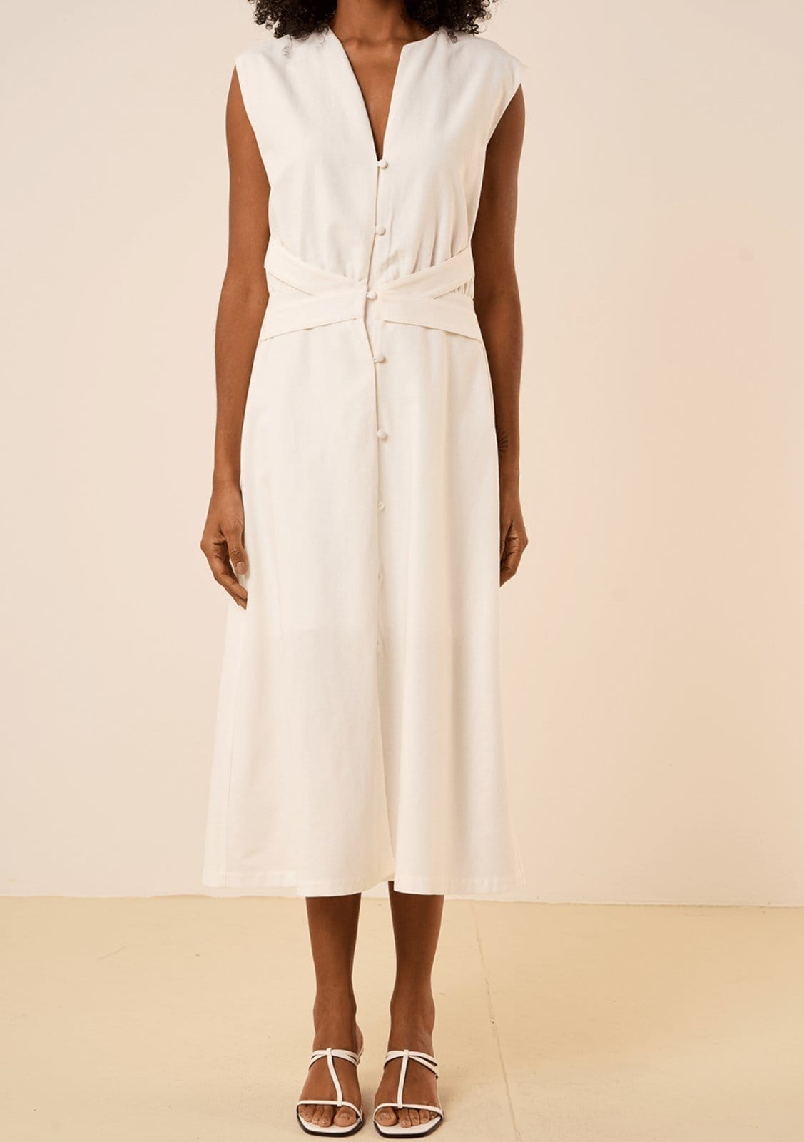 Vista 2 Vestido Maria Valentina Ajustado Decote V Sem Manga Midi Off-white Maria Valentina off-white white