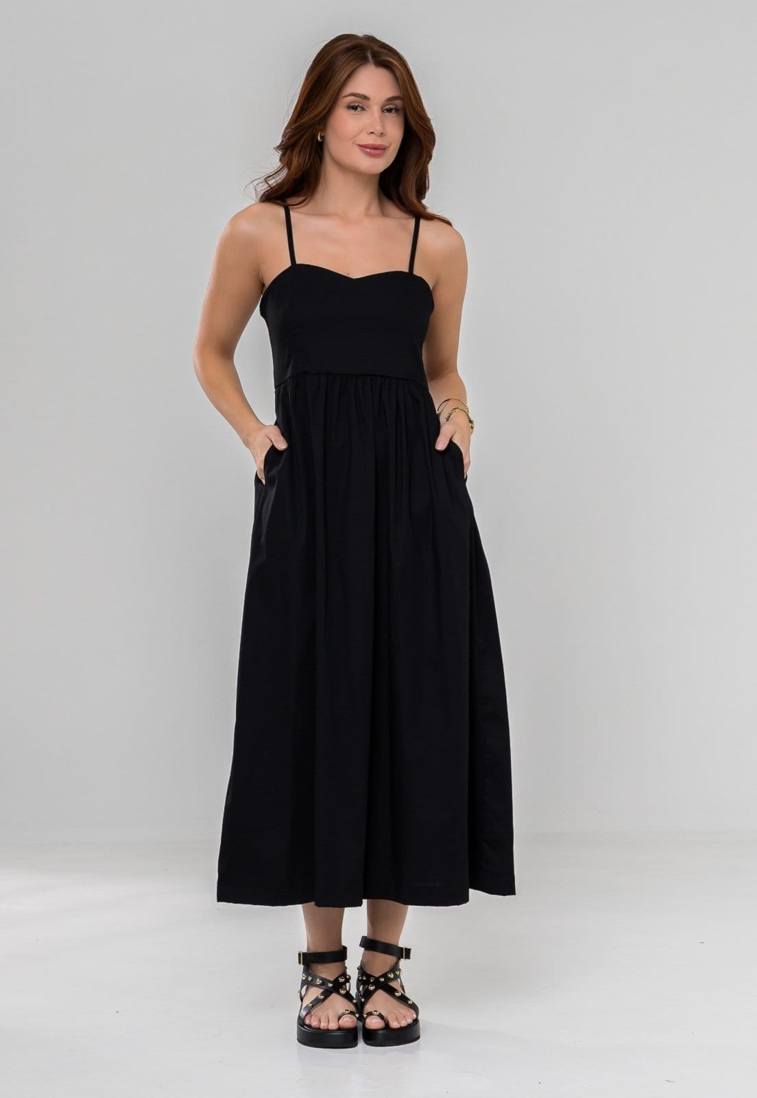 Vista principal Vestido Aura Melissa Alças Tricoline Aura preto