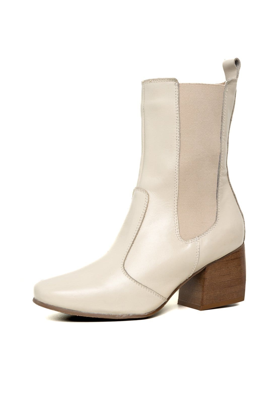 Bota Bico Quadrado Cano Curto Feminina Couro Off White