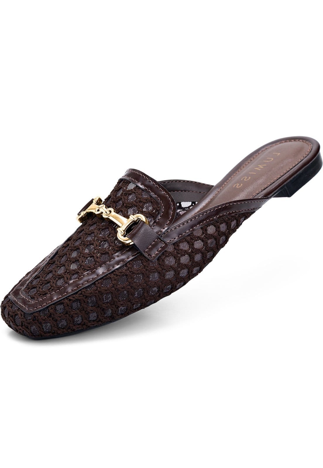 Mule Feminino Lumiss Material Natural Tela Bico Quadrado Confortável Enfeite Dourado Marrom