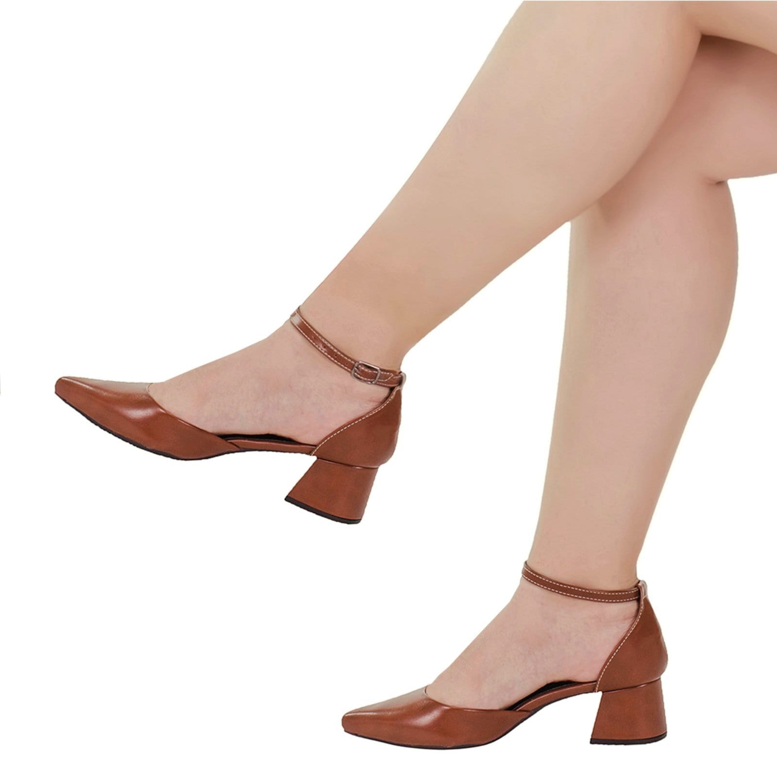 Vista 2 Sapato Feminino Scarpin Bico Fino Salto Bloco Grosso Saia e Blusa Salomé Shekinah Shekinah caramelo