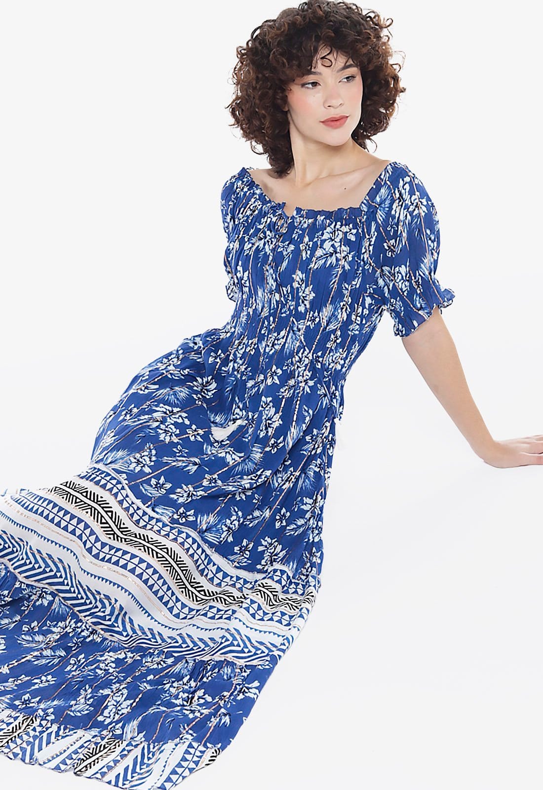 Vista 2 Vestido Longo com Mangas Estampado com Lurex Marinho Sob SOB azul marinho