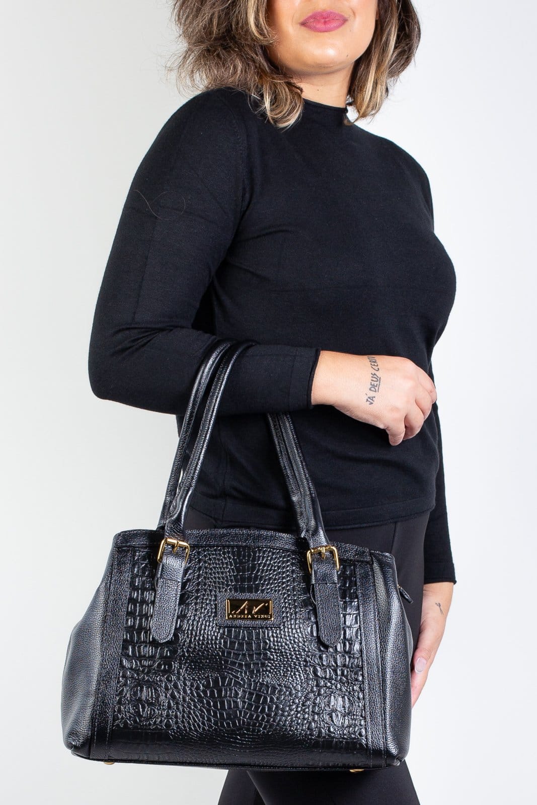 Vista 2 Bolsa Andrea Vinci De Ombro Em Couro Croco Sônia Andrea Vinci preto