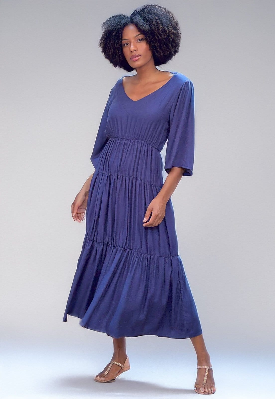 Vestido Longo Cabanafree Plano com manga Marinho