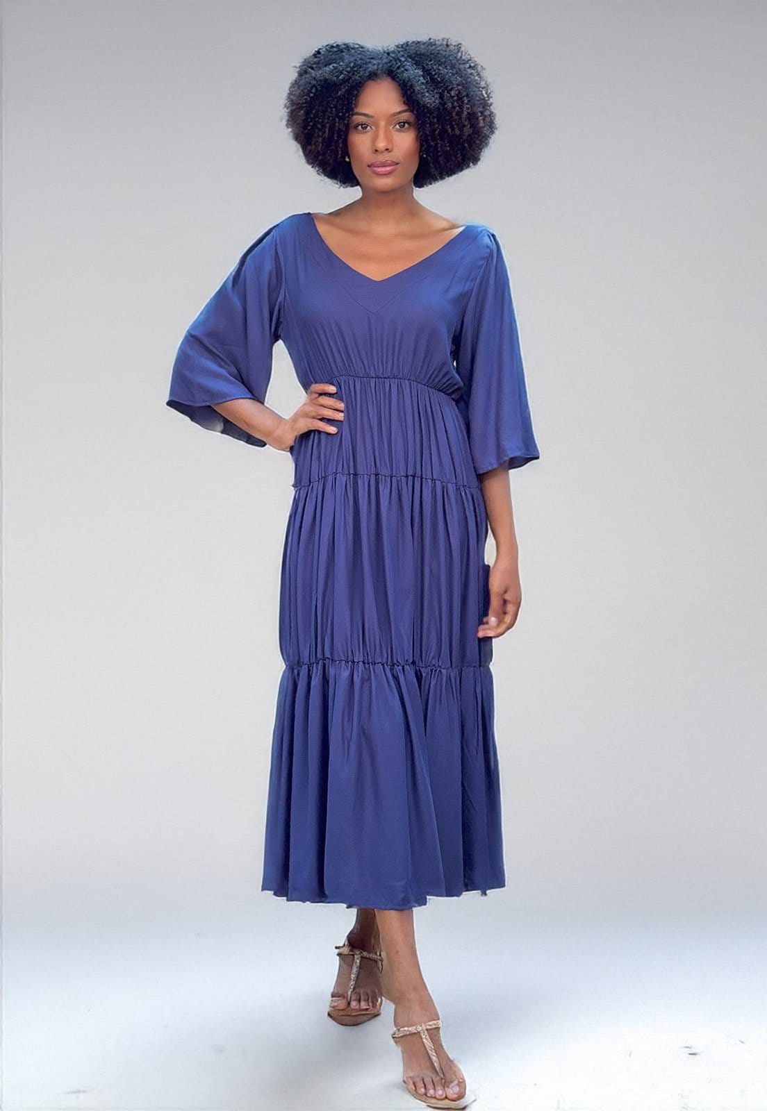 Vista 2 Vestido Longo Cabanafree Plano com manga Marinho Cabanafree azul