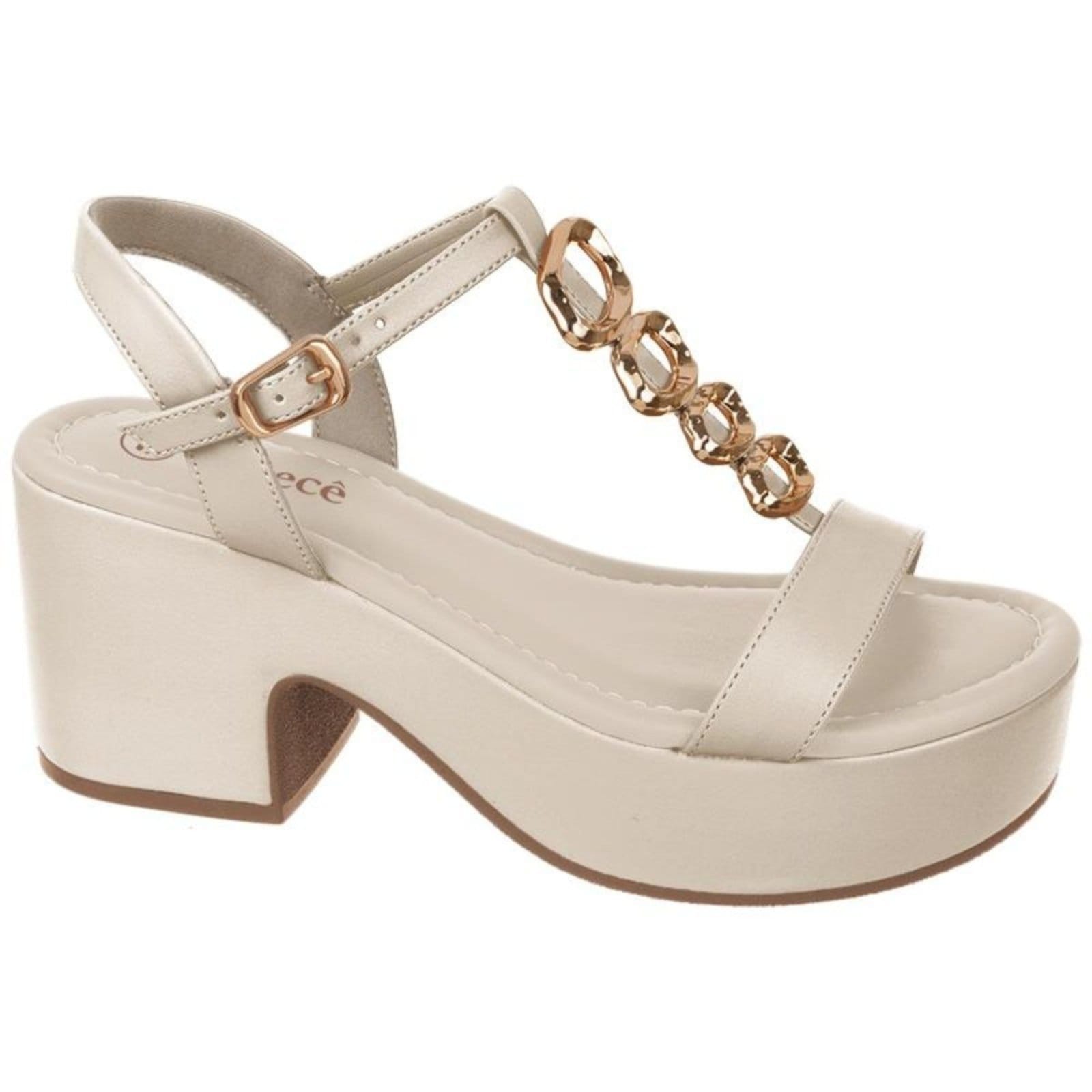 Sandália Feminina Plataforma Nude Corrente Dourada