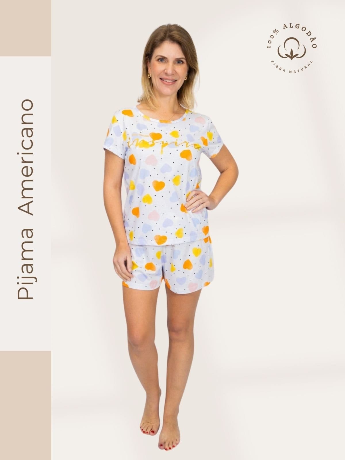 Vista principal Pijama Algodão Piante Short Doll Inspire Manga Curta Corações Coloridos Piante branco