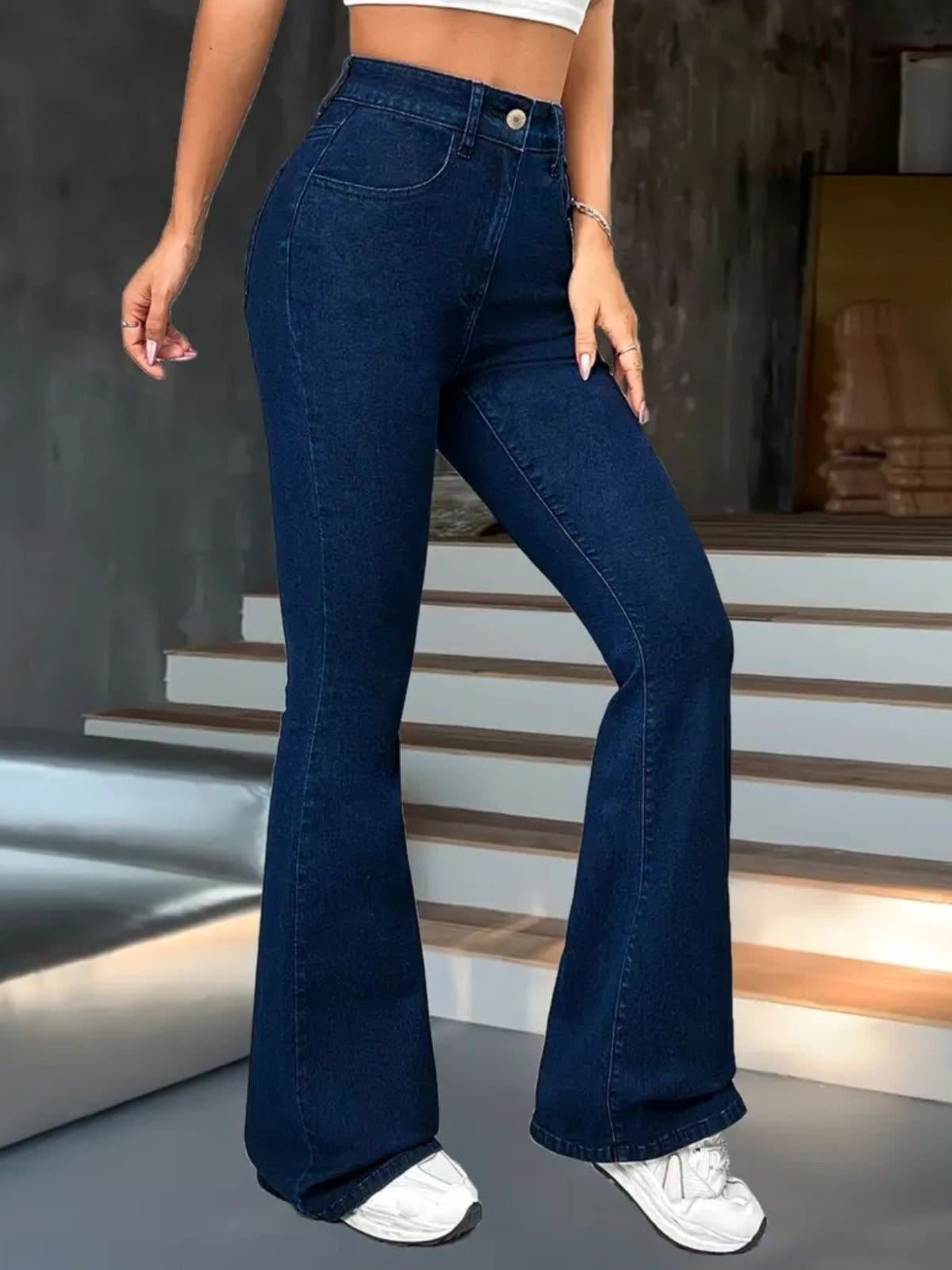Vista principal Calça Jeans Flare Feminina Safira Moda Boca de Sino Estonado Safira Moda azul