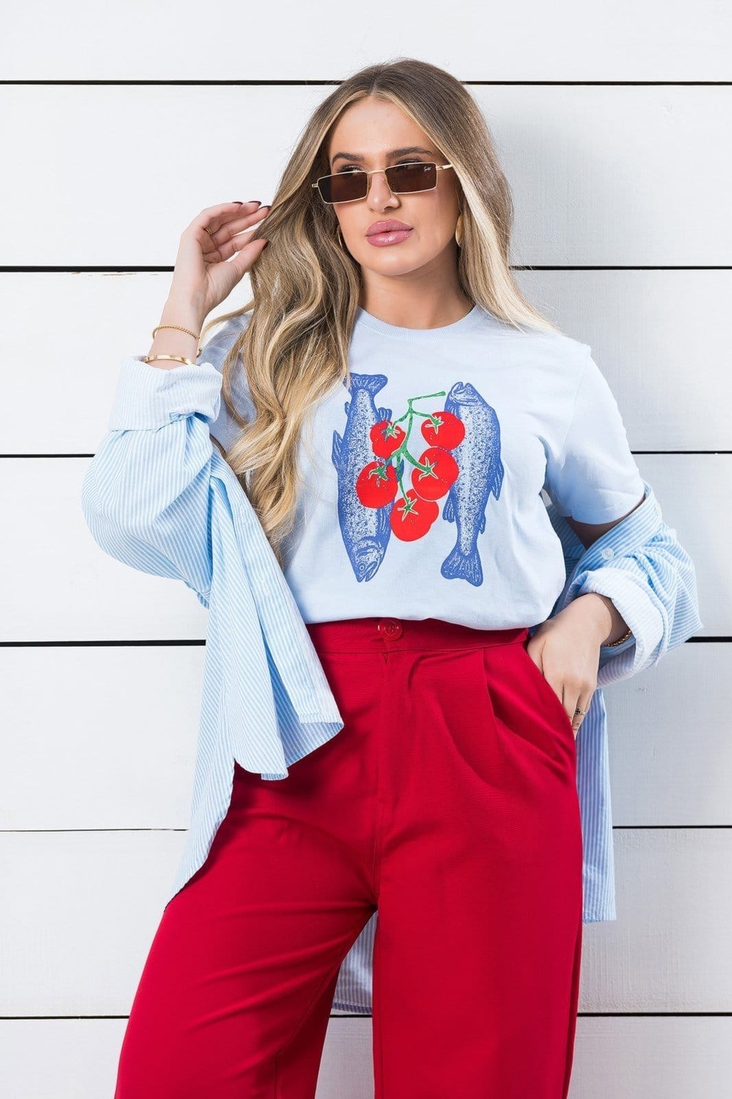 Vista 2 Camiseta Feminina Claro Sardinhas e Tomates Cianitas azul