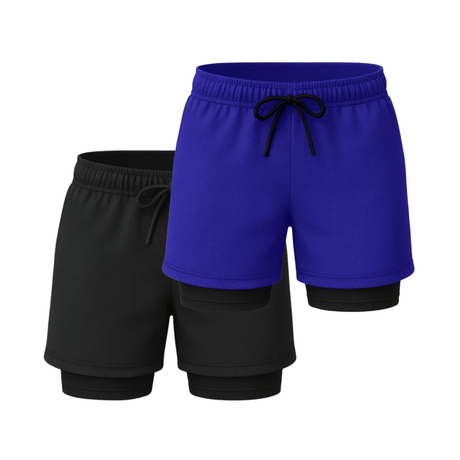 Vista principal Kit 2 Shorts Treino Dry Fit Térmico 2 em 1 com Bolso para Celular e Porta-Toalha Calção Fitness Academia Relaxado azul