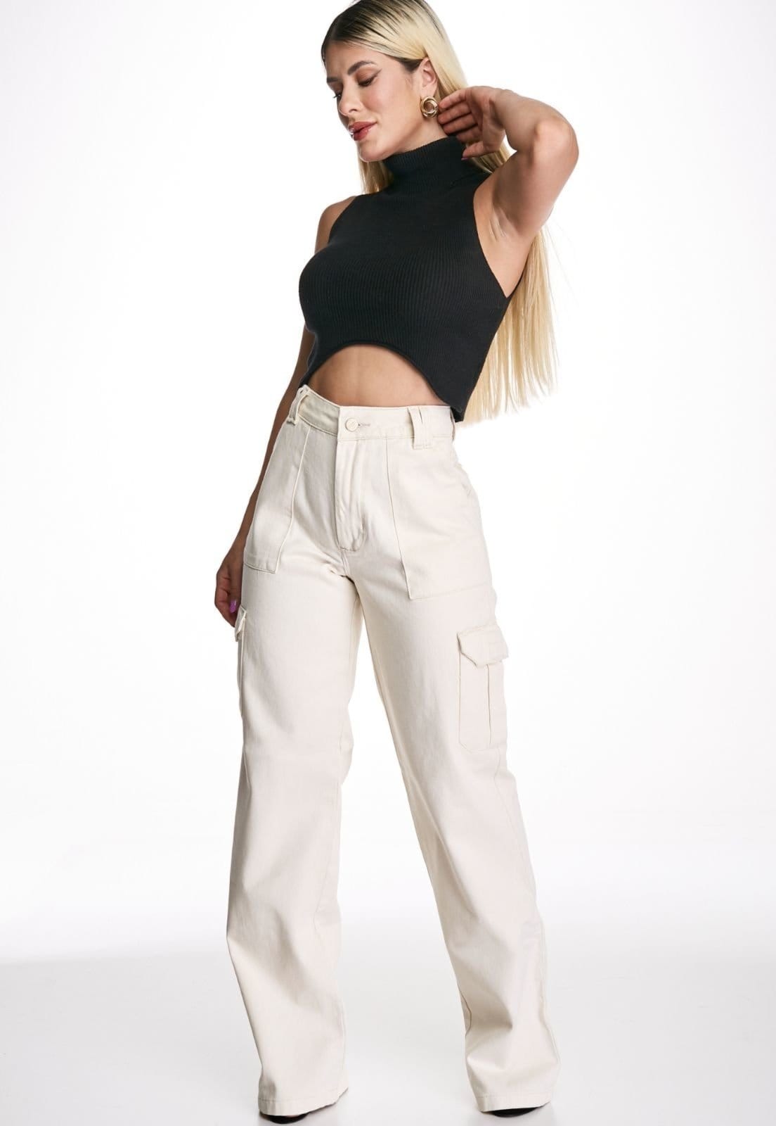 Vista 2 Calça Sarja HNO Jeans Cargo Ana Off White HNO Jeans branco white