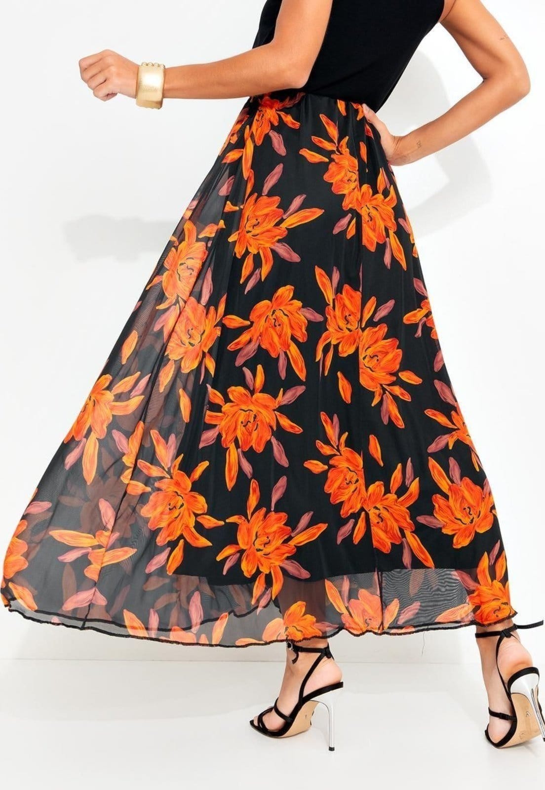 Vista 2 Saia Em Tule Floral Laranja Quintess preto