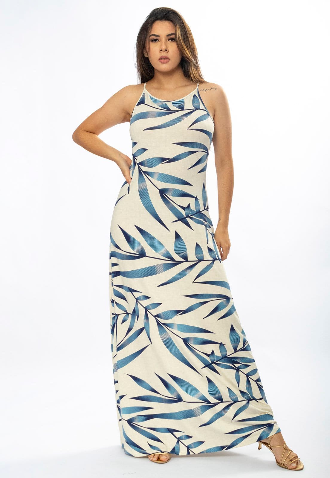 Vista 2 Vestido Longo Amazônia Vital Malha Trapézio Estampa Bambu Azul Amazonia Vital bege azul