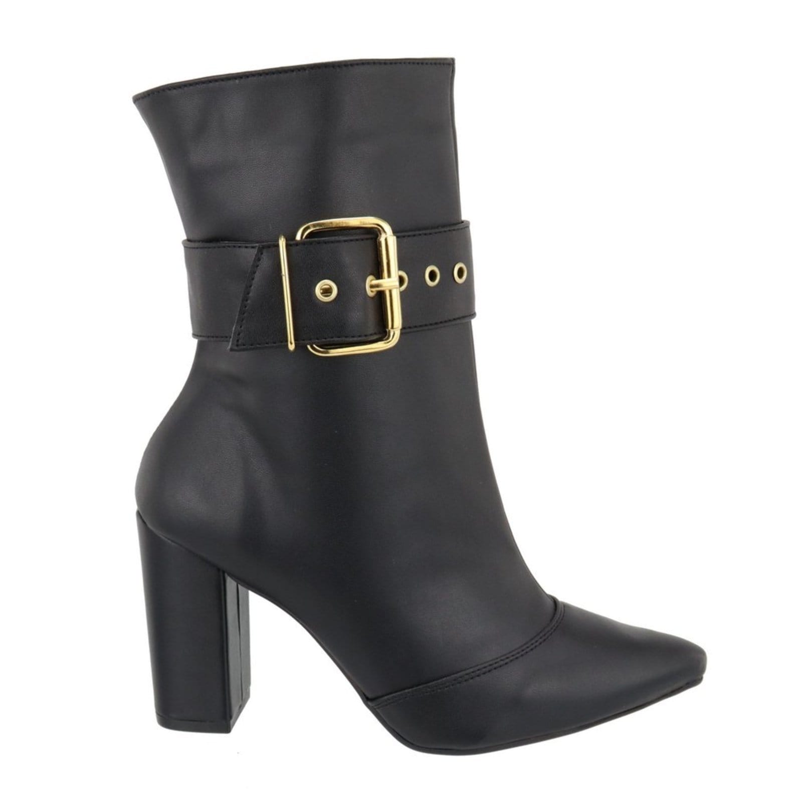 Vista principal Bota Feminina Cano Médio 1836 Salto Grosso Preto Flor da Pele off-white