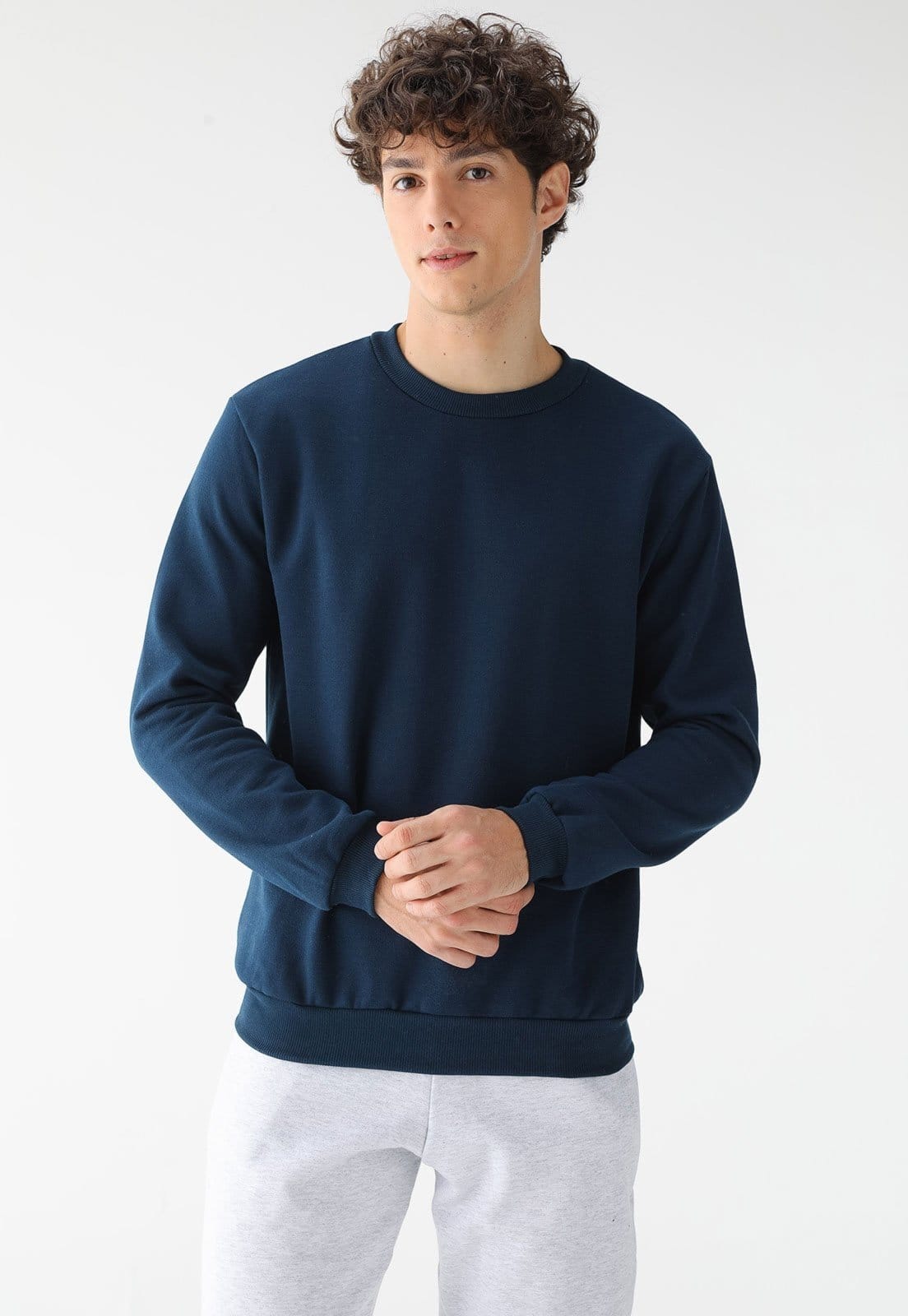 Blusa de Frio Moletom Masculino Flanelado Benellys Liso Gola Redonda Marinho