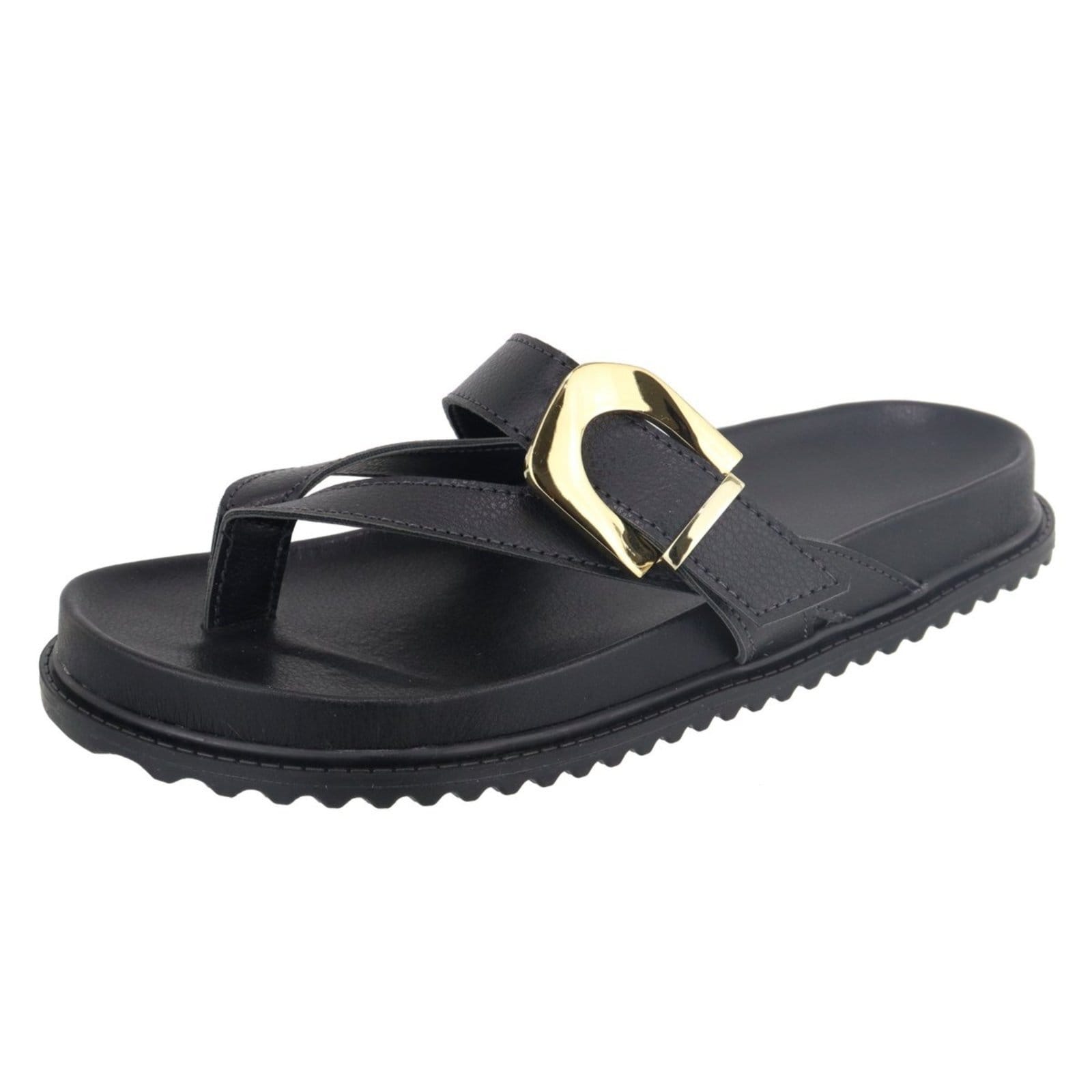 Vista principal Papete Rasteira Feminina Paula B Com Tiras De Dedo E Detalhe Em Fivela De Metal Dourado Palmilha Confort PAULA B preto