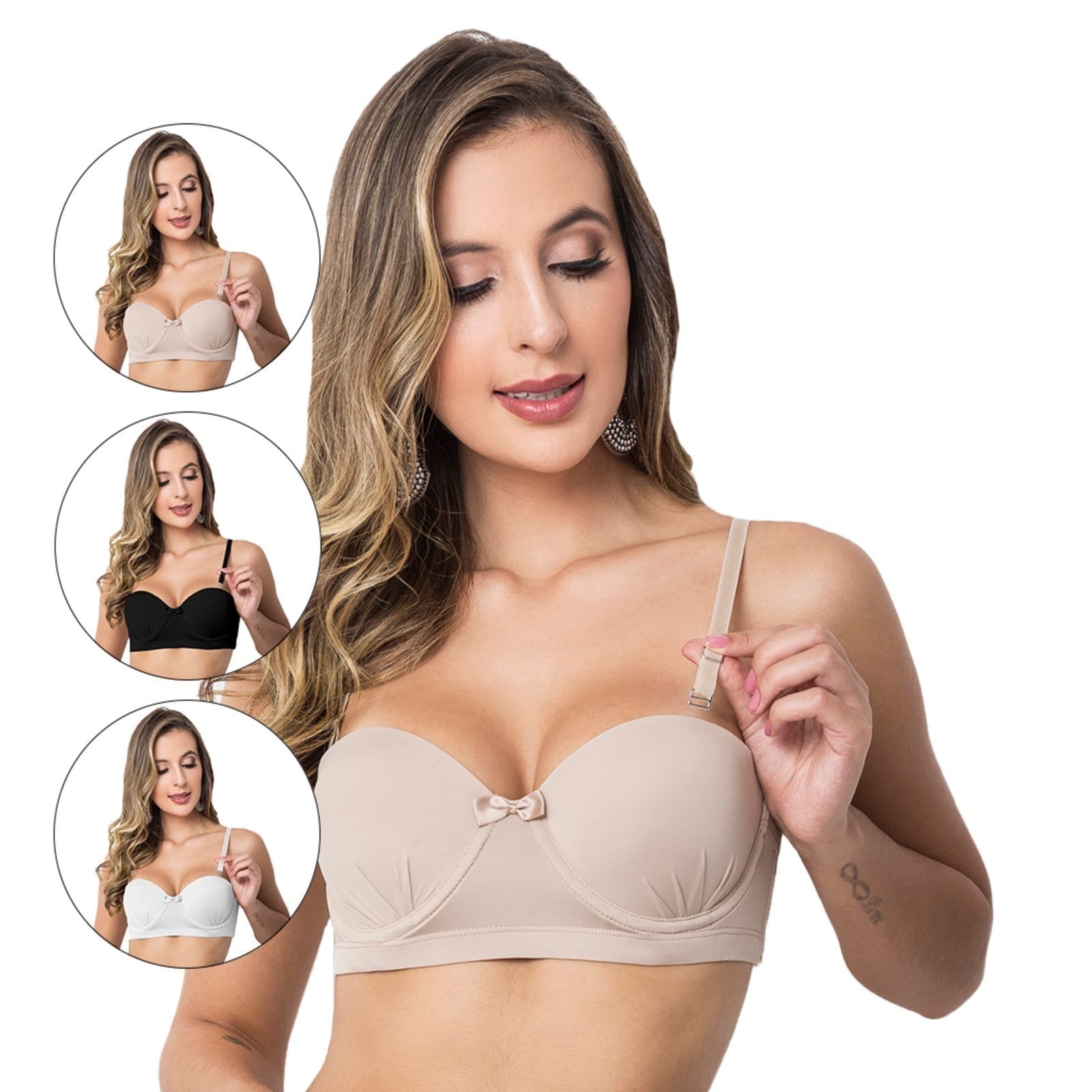 Vista principal Kit 3 Sutiãs Gabi Lingerie com Bojo Lingerie Tomara que Caia Alças Removíveis Microfibra Sensual Feminina Gabi Lingerie multicolorido