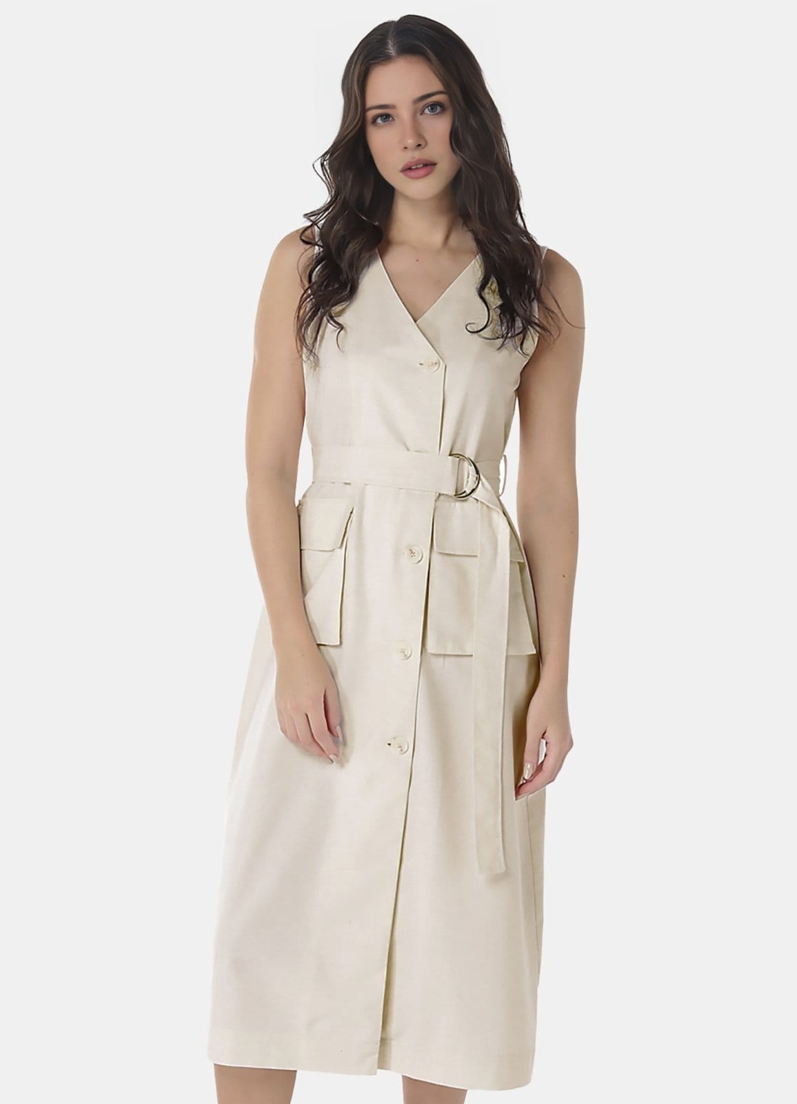 Vestido Sob de Linho Midi Decote V Transpassado