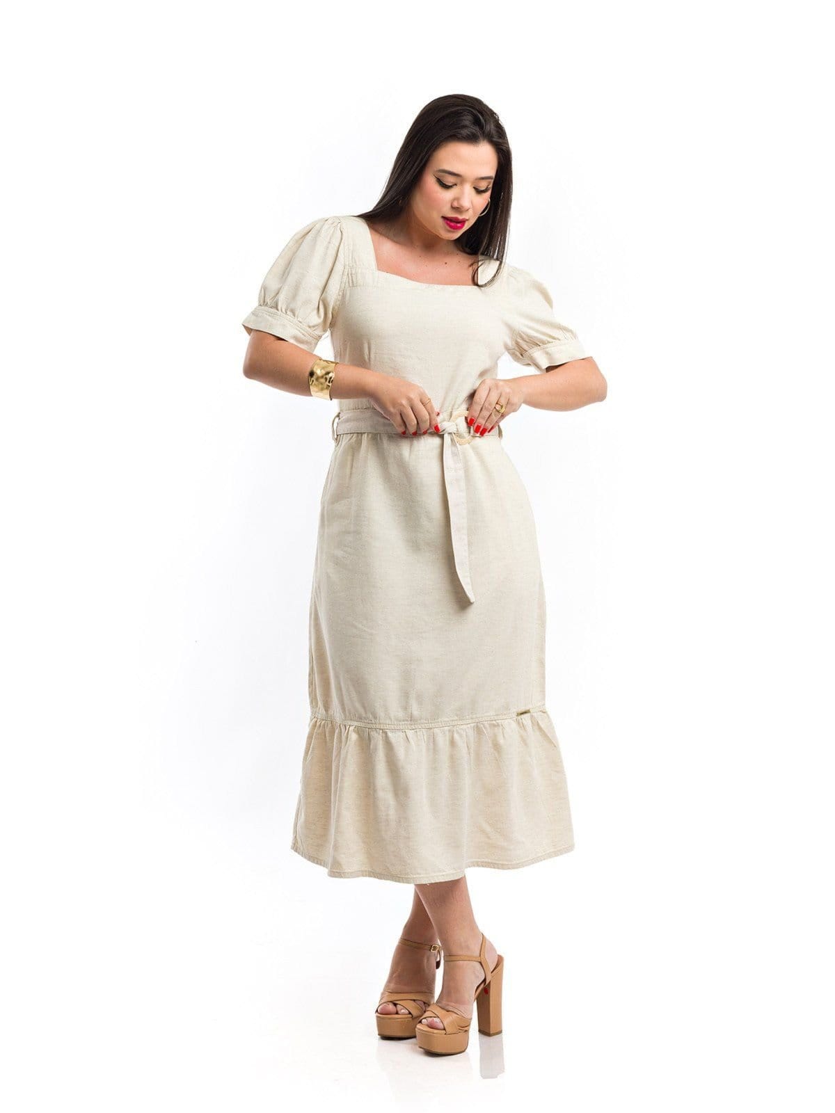 Vestido Midi Restrito Jeans Linho Com Mangas Bufante