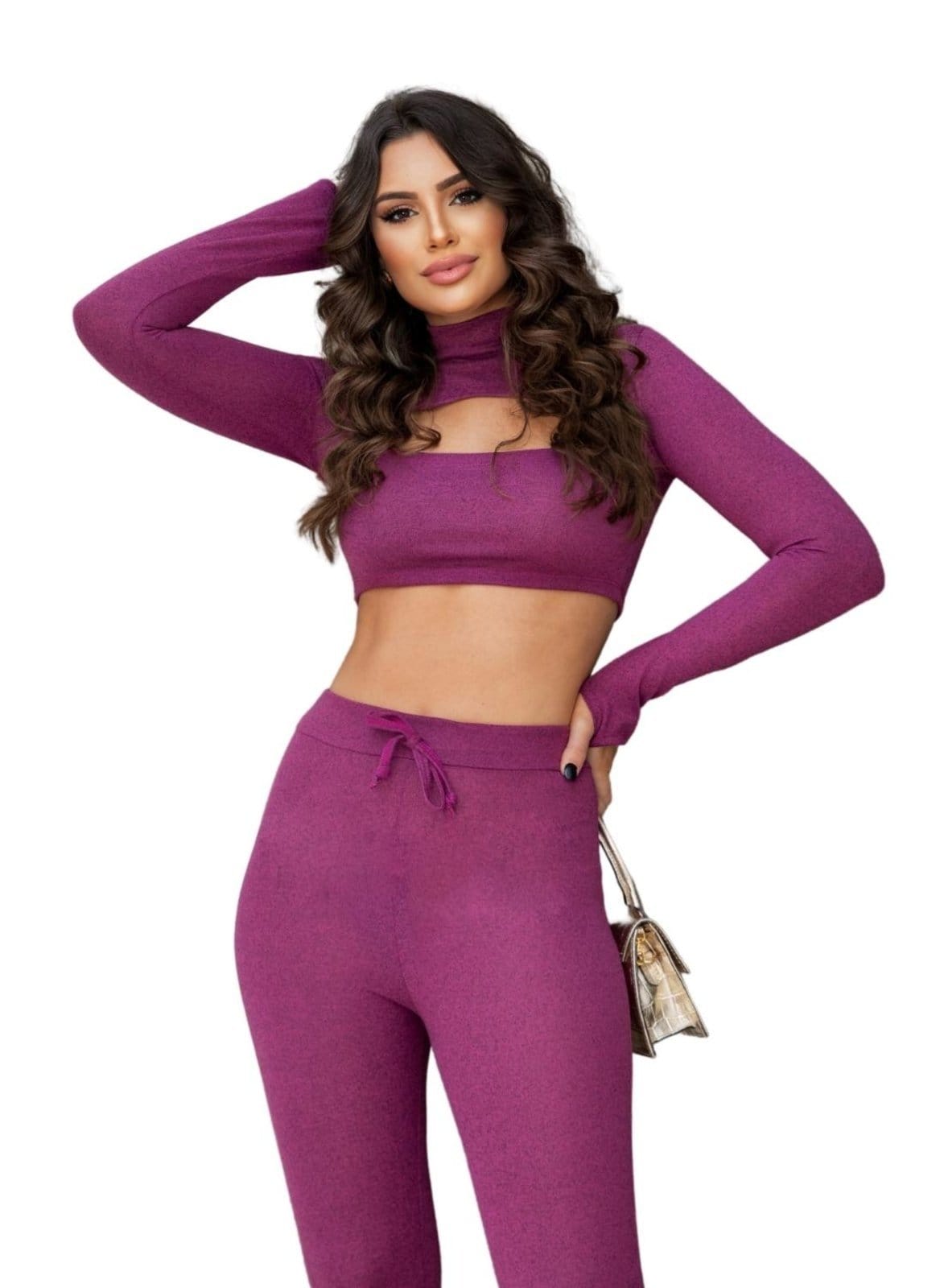 Vista principal Conjunto Lãzinha Cropped e Calça Fúcisa Cia do Vestido pink/rosa/rosê/roxo