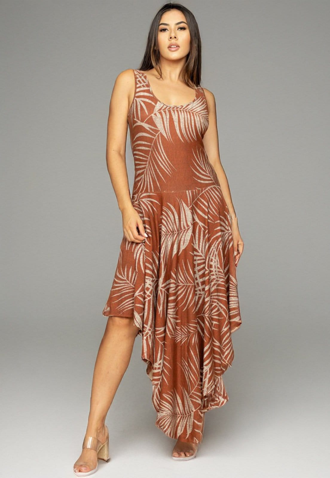 Vista principal Vestido Cabanafree Baitaca Malha de Bico Estampa Palmas Terra Cabanafree estampado/marrom