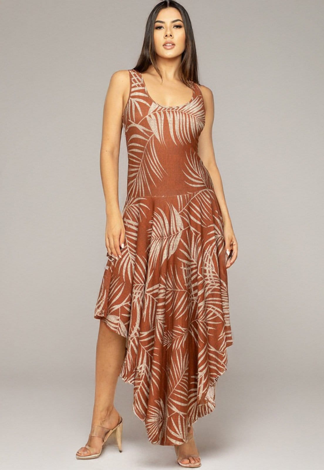 Vista 2 Vestido Cabanafree Baitaca Malha de Bico Estampa Palmas Terra Cabanafree estampado/marrom