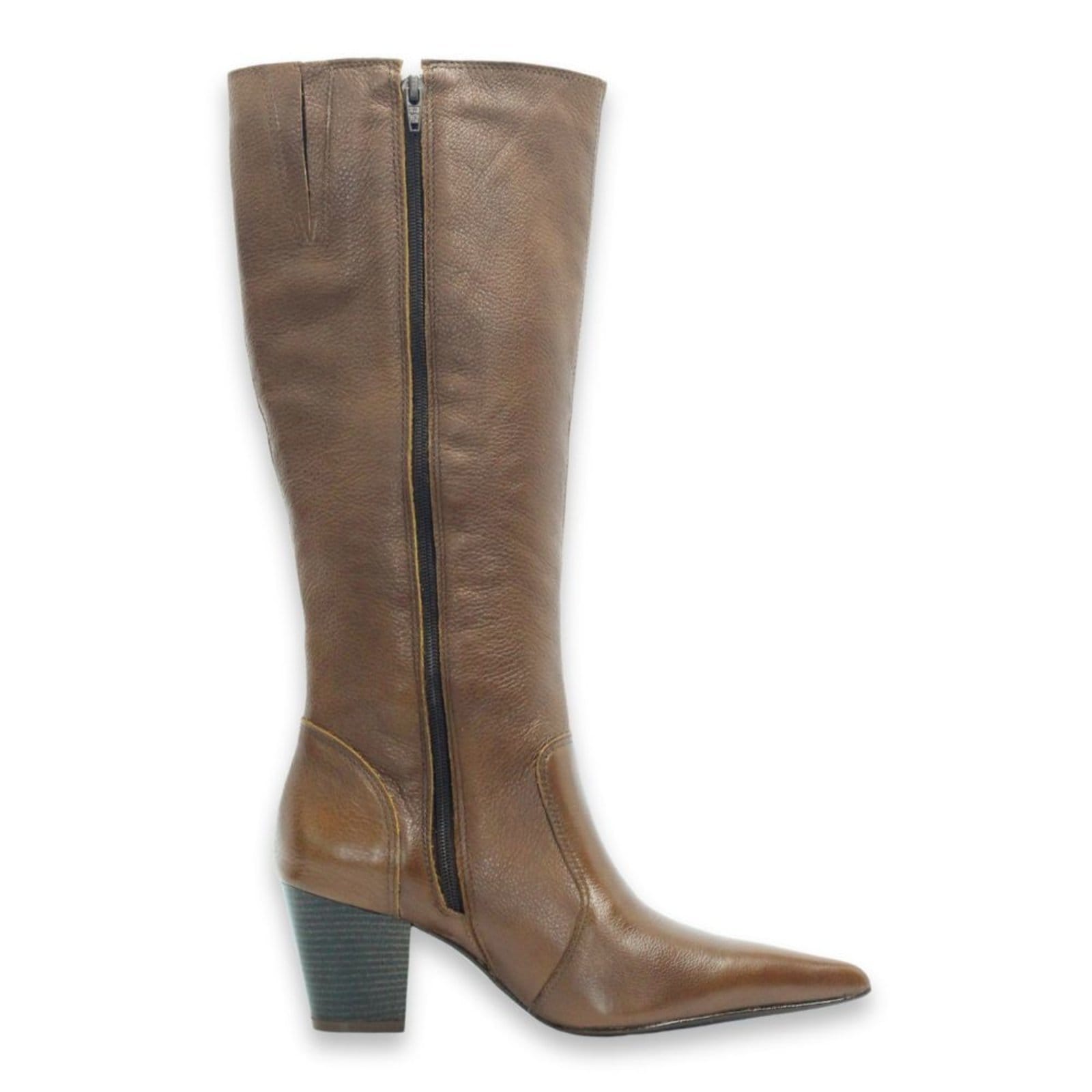 Vista 2 Bota Feminina Bico Fino Cano Longo Couro Salto 6 Camel Spinelli caramelo
