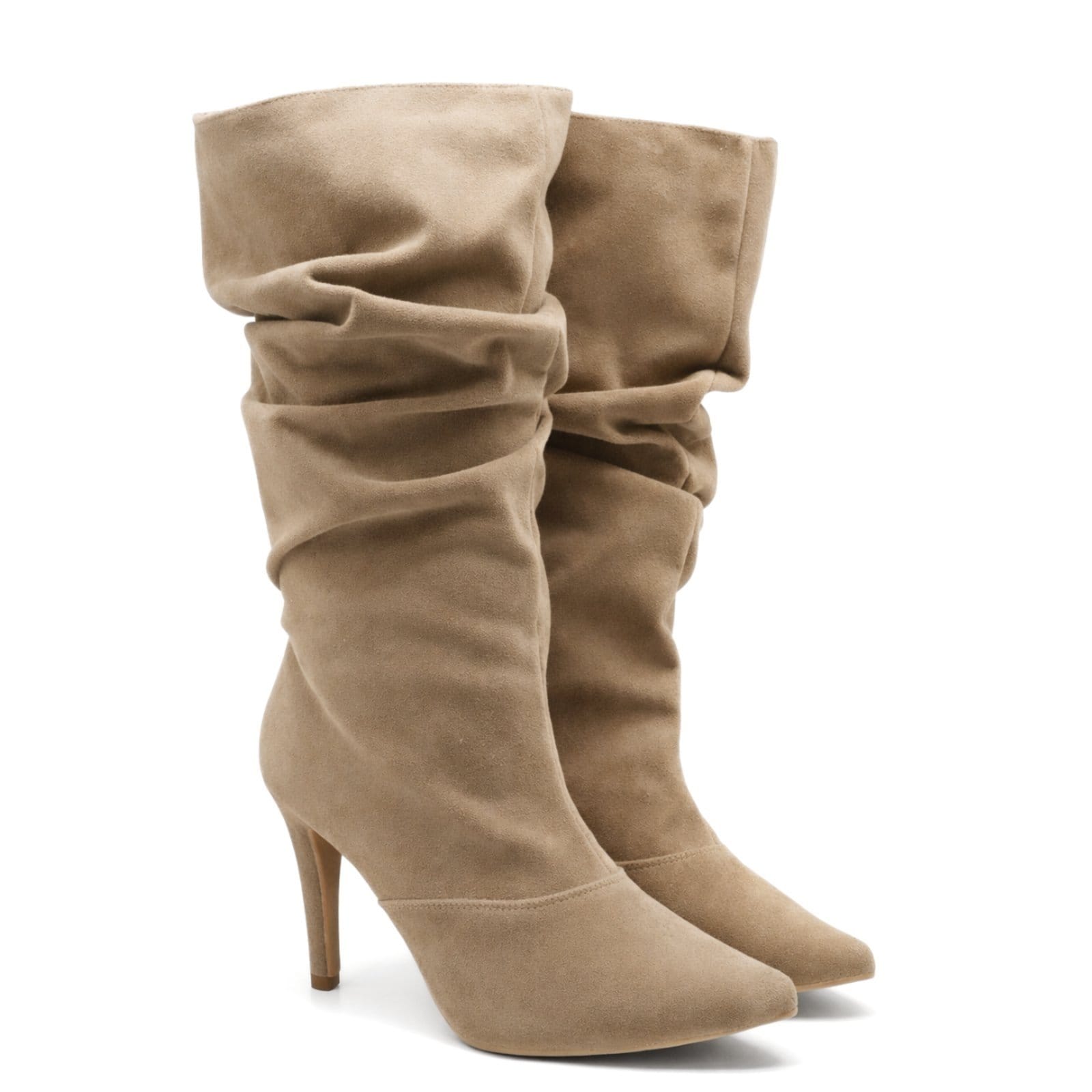 Bota Feminina Cano Slouchy Longo Salto Fino Sete Sales 1714 Camurça Areia