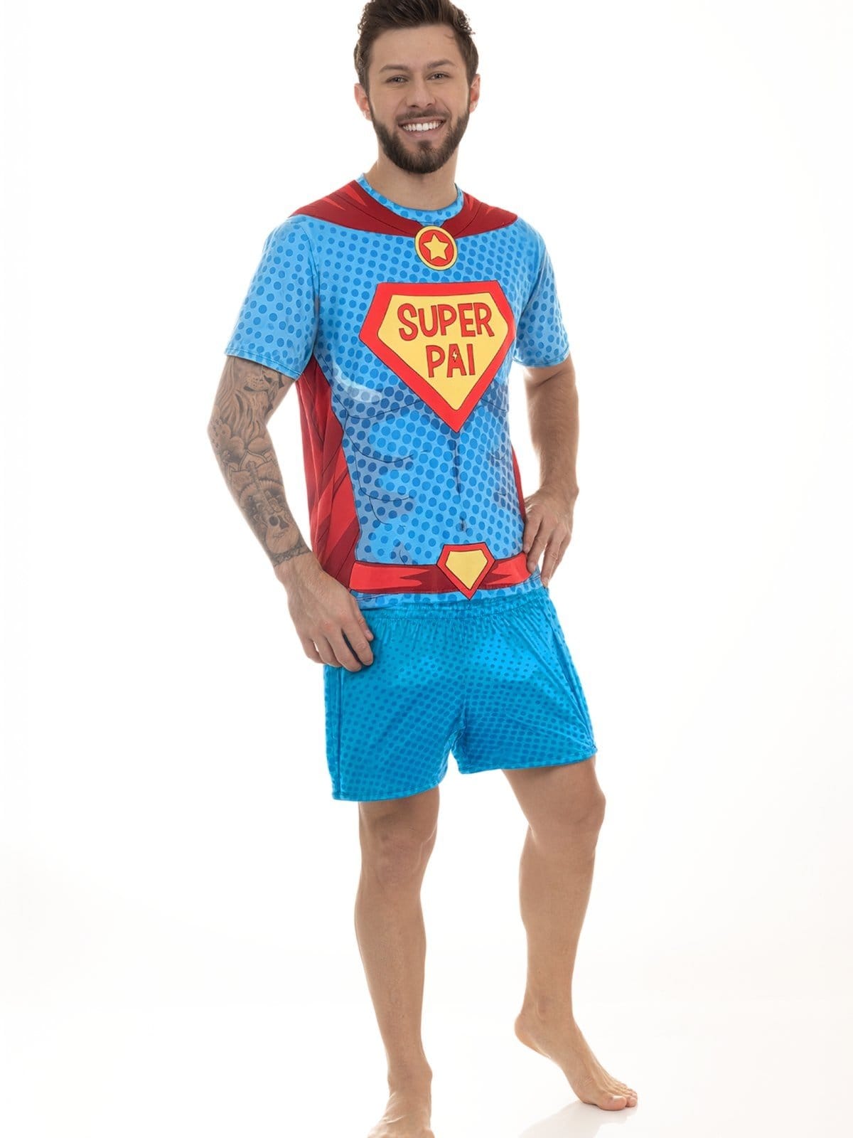 Vista 2 Pijama Masculino Curto de Verão em Peach Touch - Super Pai Magicamente Kids azul