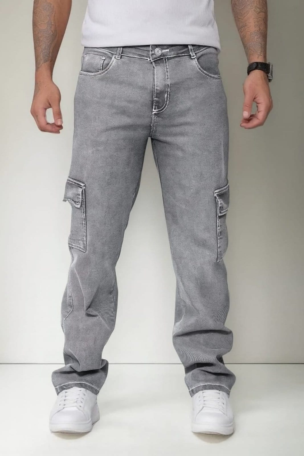 Vista principal Calça Masculina Cargo Manchada com Costura Branca Jeans Loka cinza/grafite
