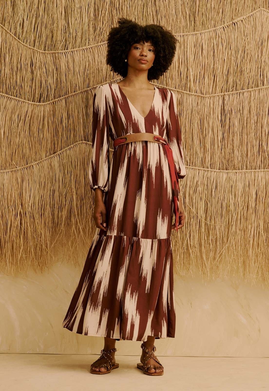 Vestido Maxi Midi Manga Bufante Estampado Amantani