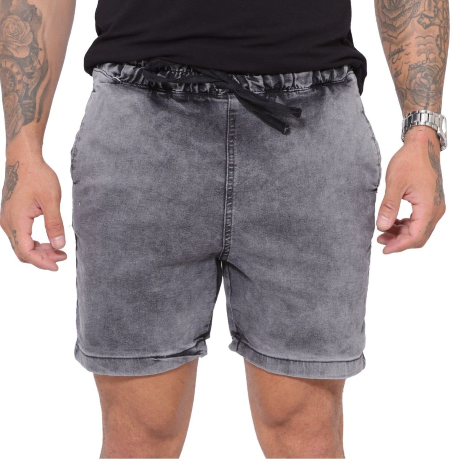 Vista 2 Bermuda Moda Masculina Marmorizada com Elástico na Cintura Alleppo Jeans grafite