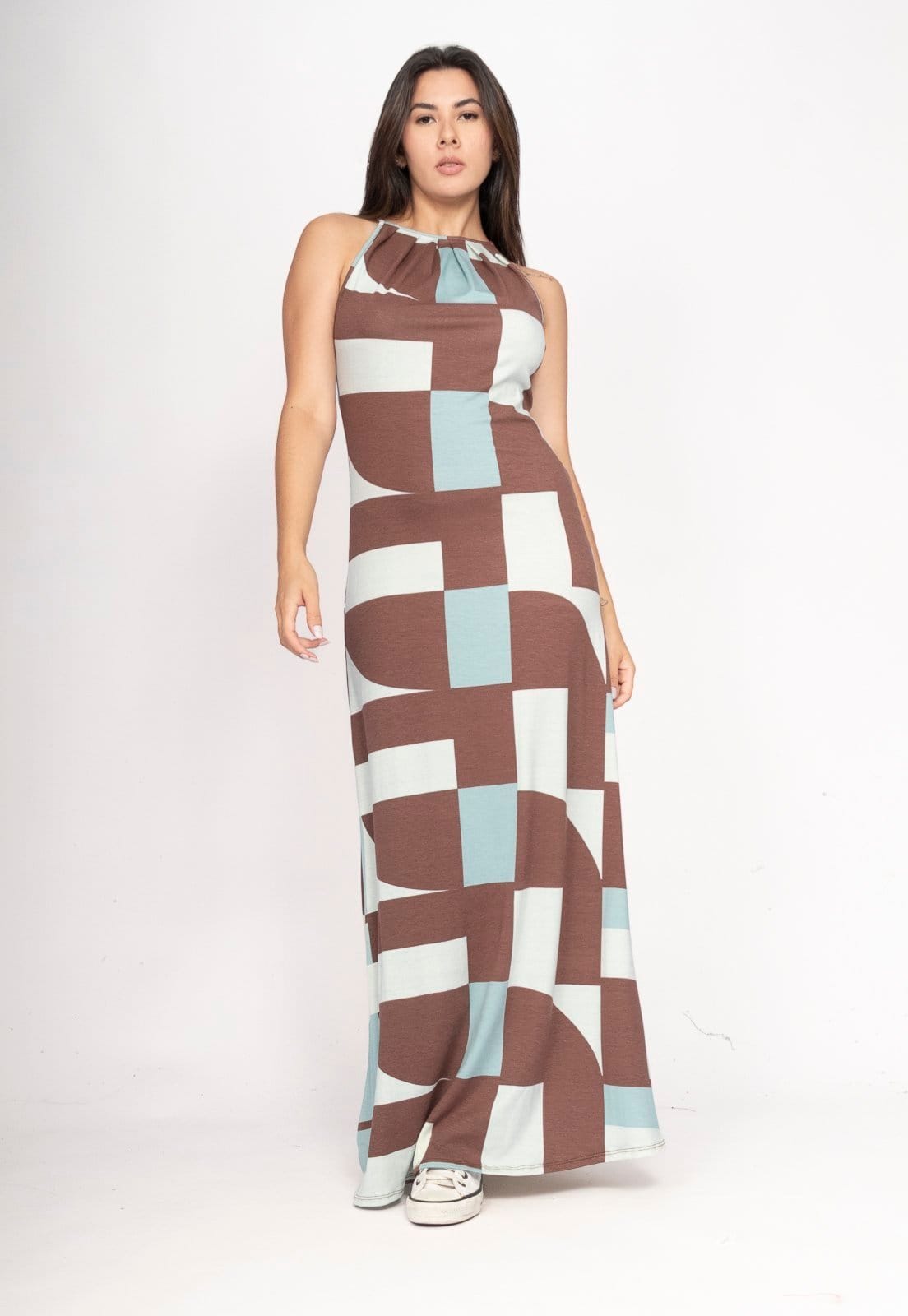 Vista 2 Vestido CabanaFree Longo Eirapuã Malha Trapézio Santa Rosa do Tocantins Cabanafree estampado rosa