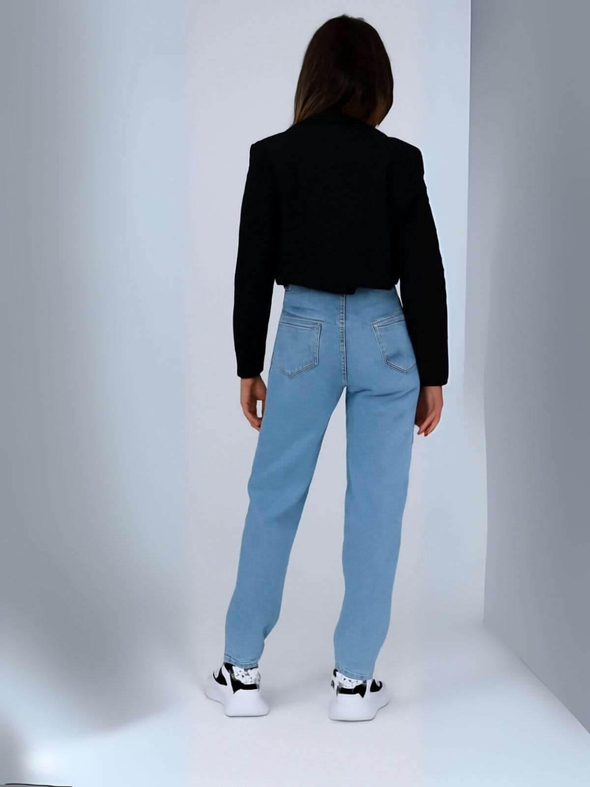 Vista 2 Calça Mom Jeans Feminina Kovali Marmorizada Feminina Algodão Estilo Confortável Azul KOVALI FASHION STORE cinza azul