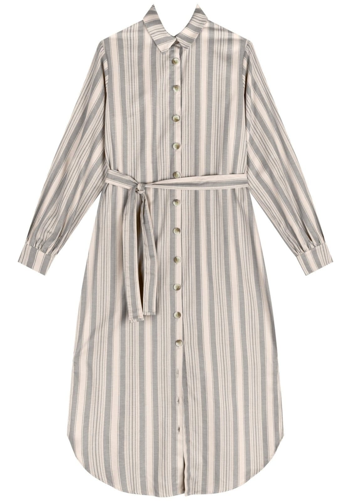 Vestido Listrado Midi Chá Com Botões E Faixa Ajustável