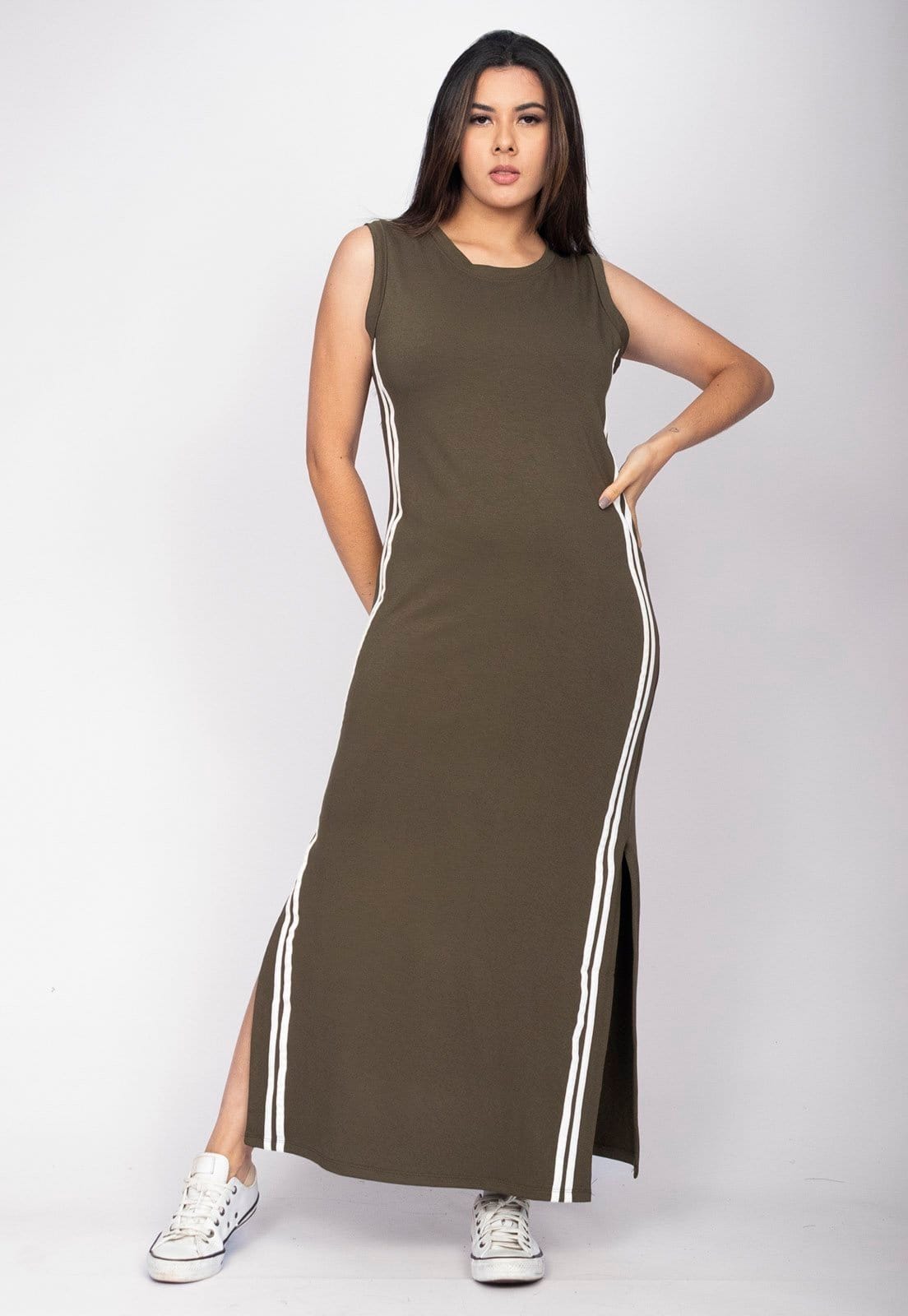 Vista principal Vestido Midi Cabanafree Faixa Lateral Verde Militar Cabanafree branco/verde militar verde