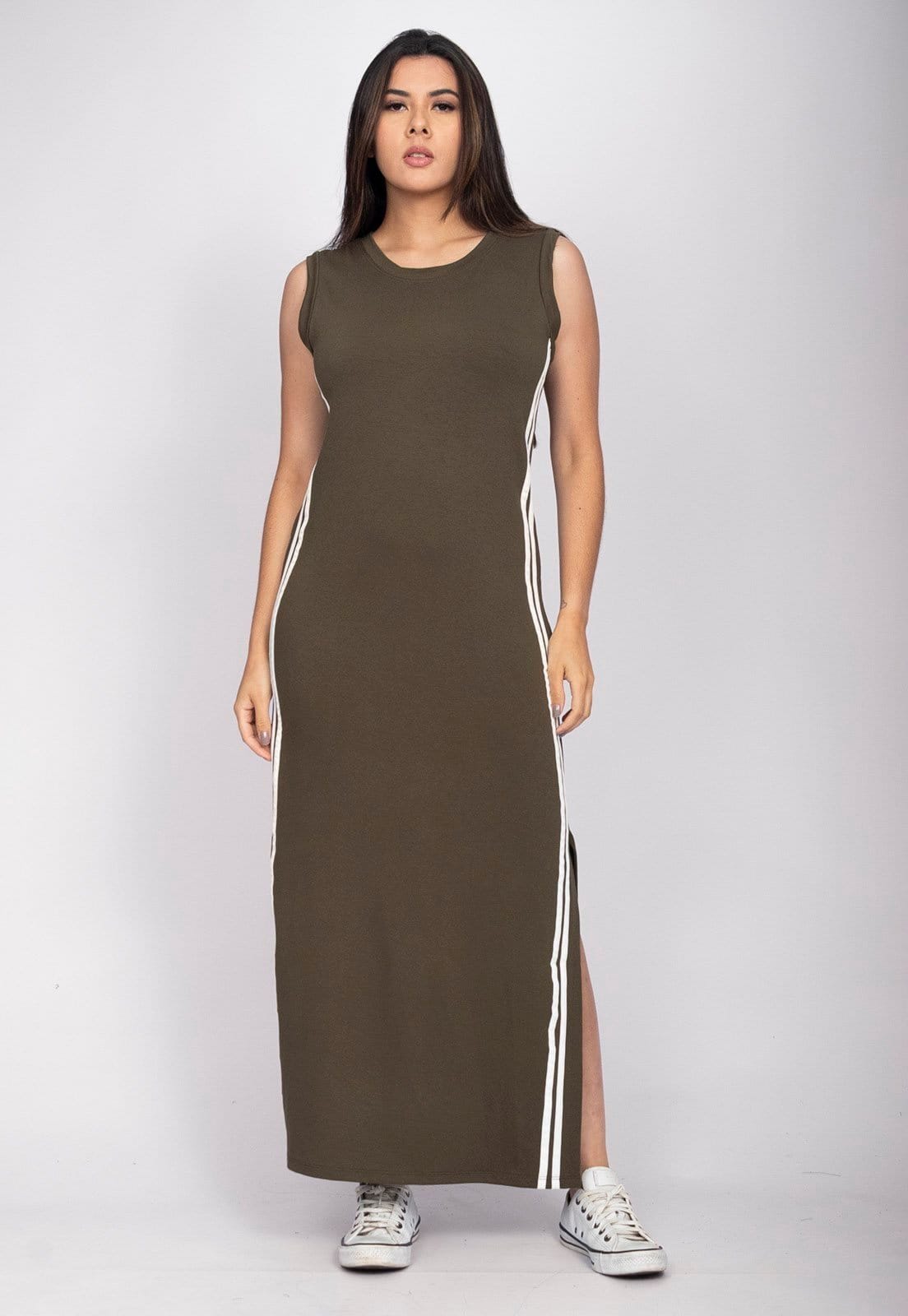 Vista 2 Vestido Midi Cabanafree Faixa Lateral Verde Militar Cabanafree branco/verde militar verde