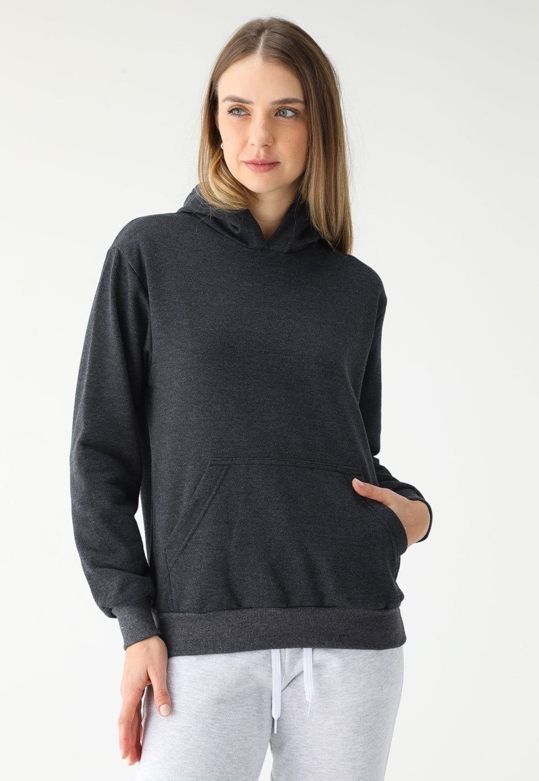 Vista principal Blusa de Frio Moletom Feminino Flanelado Benellys Liso Canguru Chumbo Benellys grafite