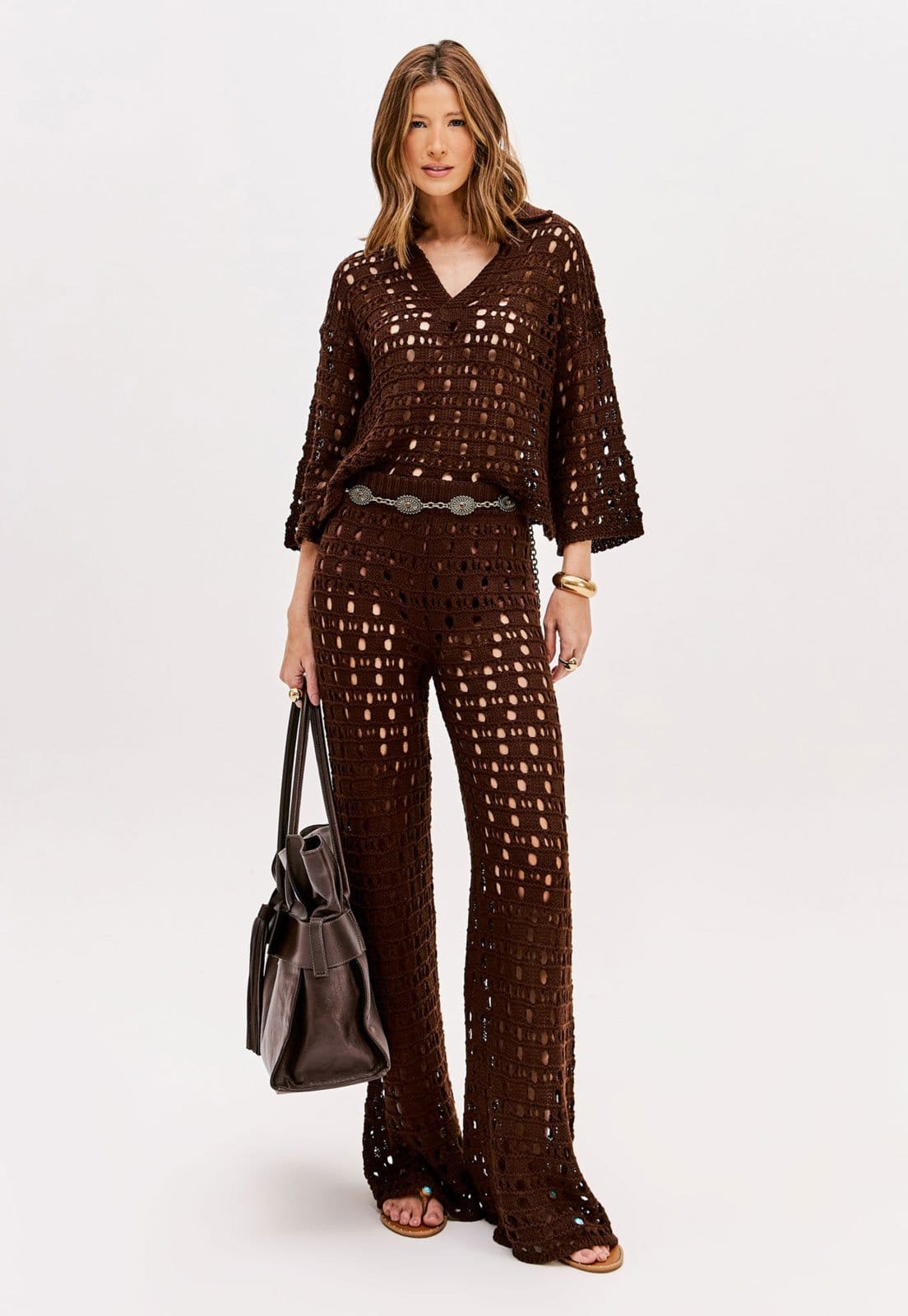 Vista 2 Calça Tricot Lança Perfume Reta Vazada Lança Perfume marrom