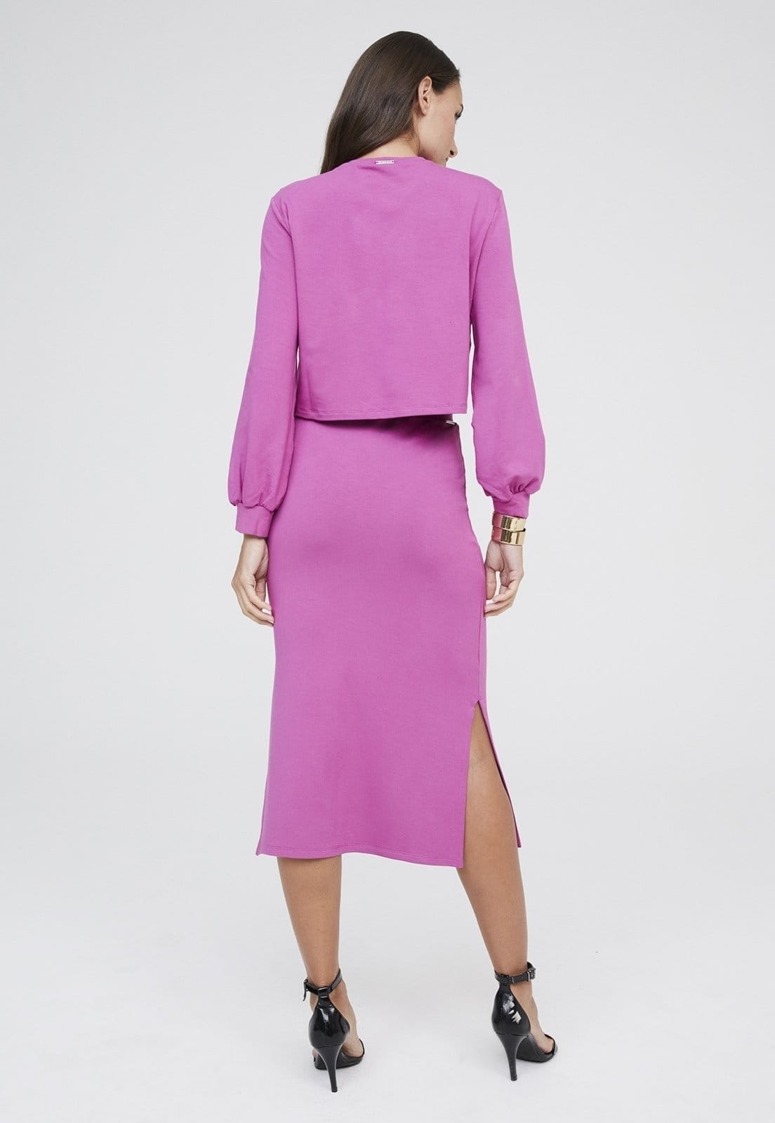 Vista 2 Saia Midi Traymon Molevisco Com Fendas Uva Traymon roxo